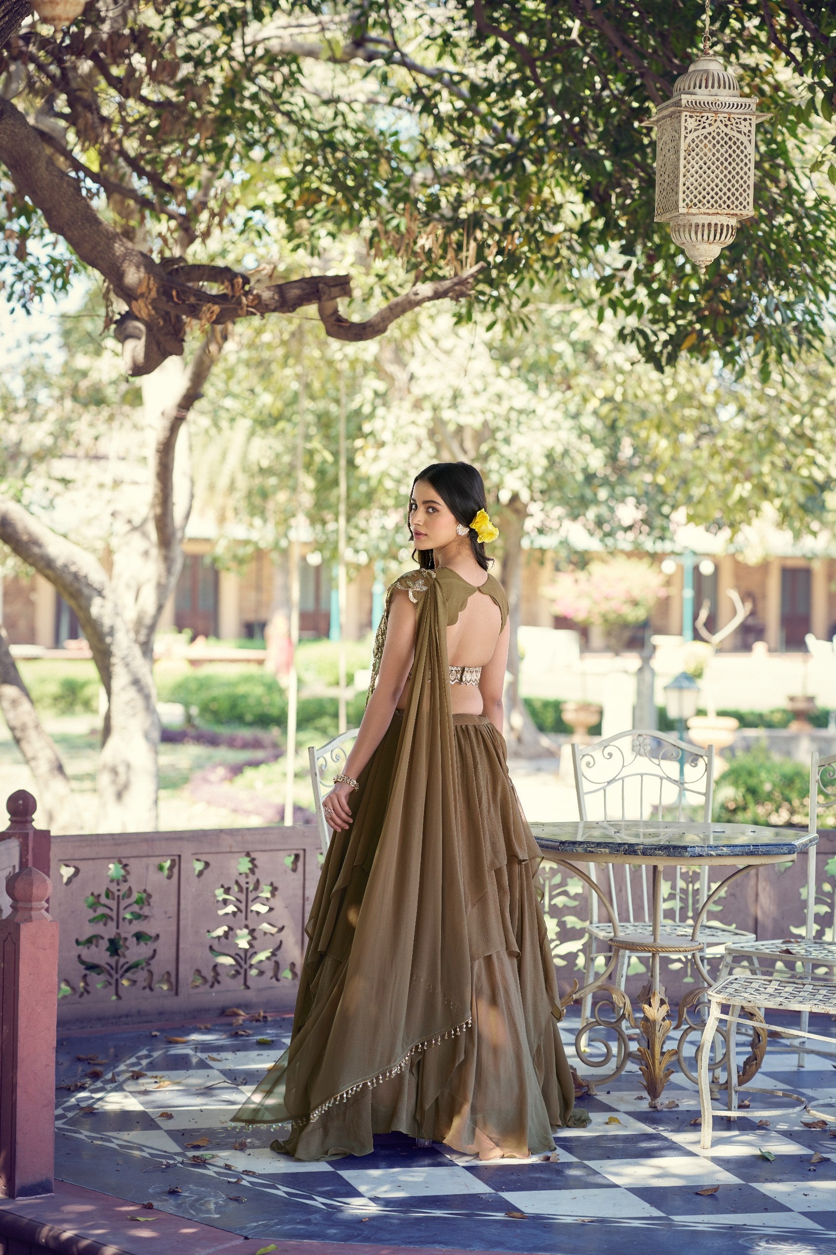 Womenline Olive Green Designer Ruffle Lehenga Choli with Embroidered Draped Dupatta