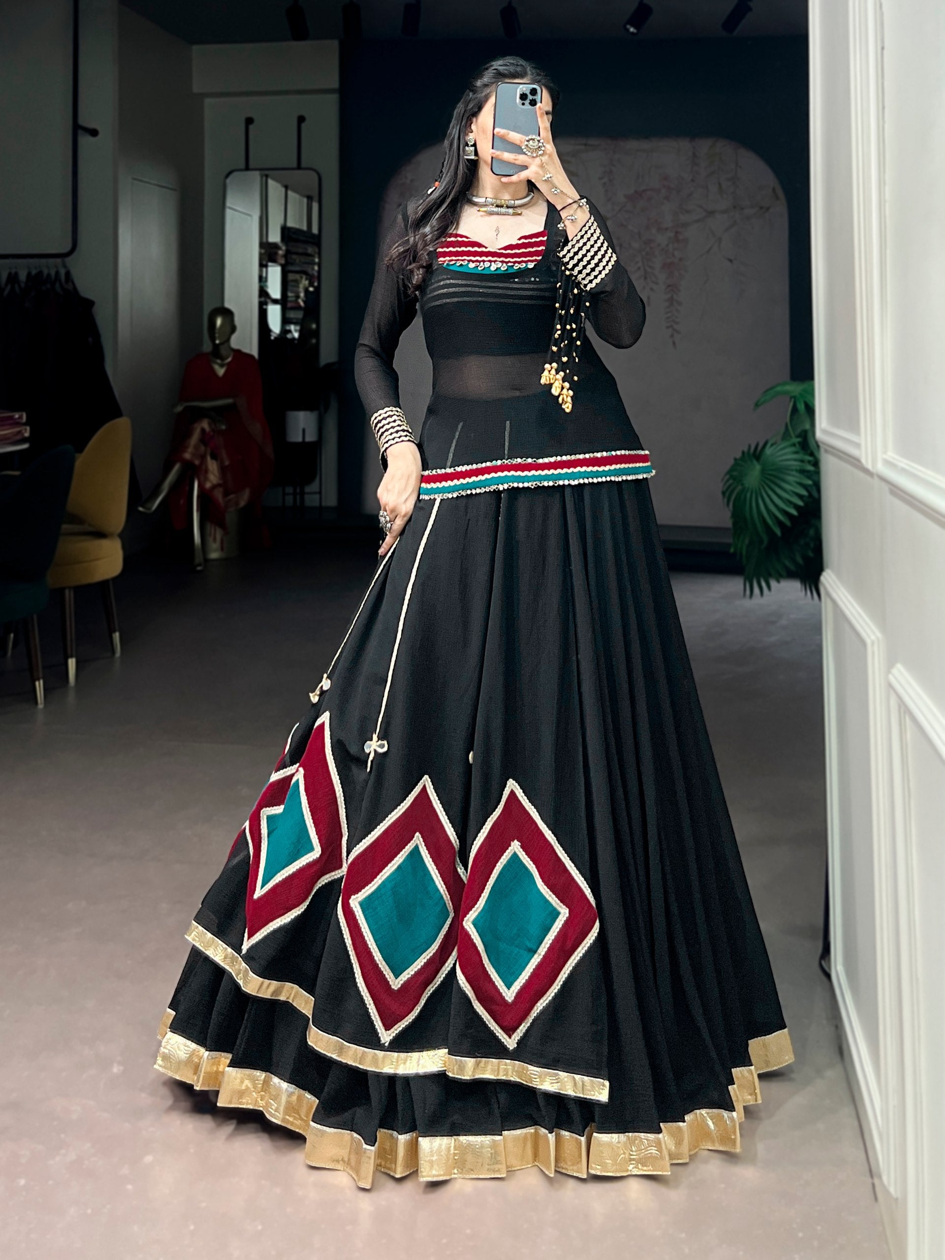 Womenline Black Color Pure Marbel Navratri Lehenga Choli
