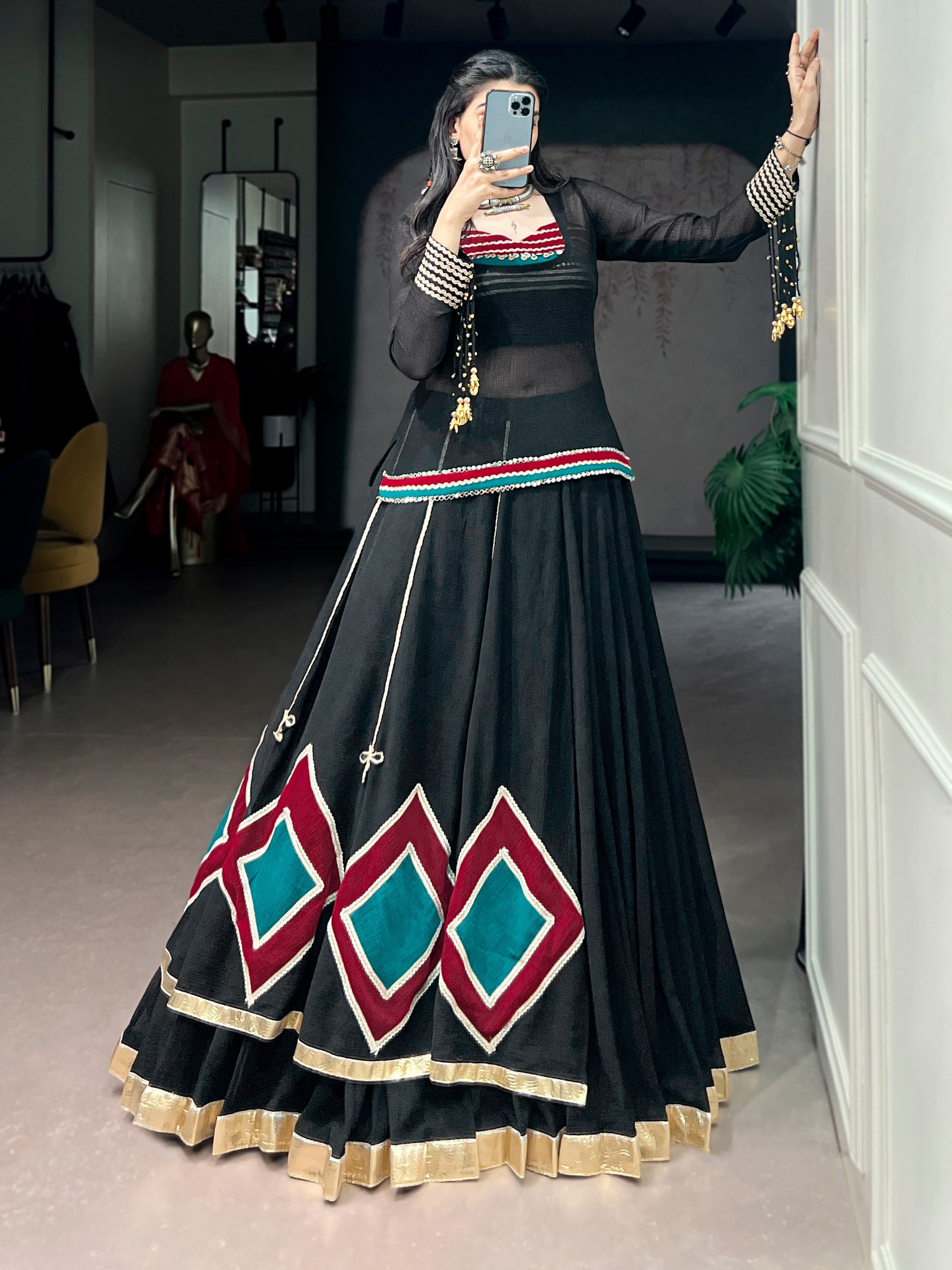 Womenline Black Color Pure Marbel Navratri Lehenga Choli