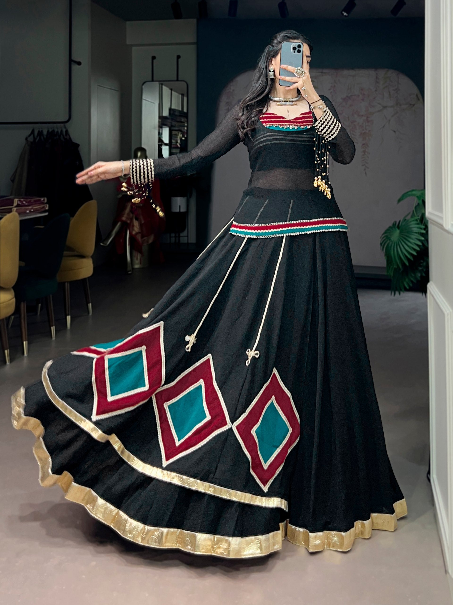 Womenline Black Color Pure Marbel Navratri Lehenga Choli