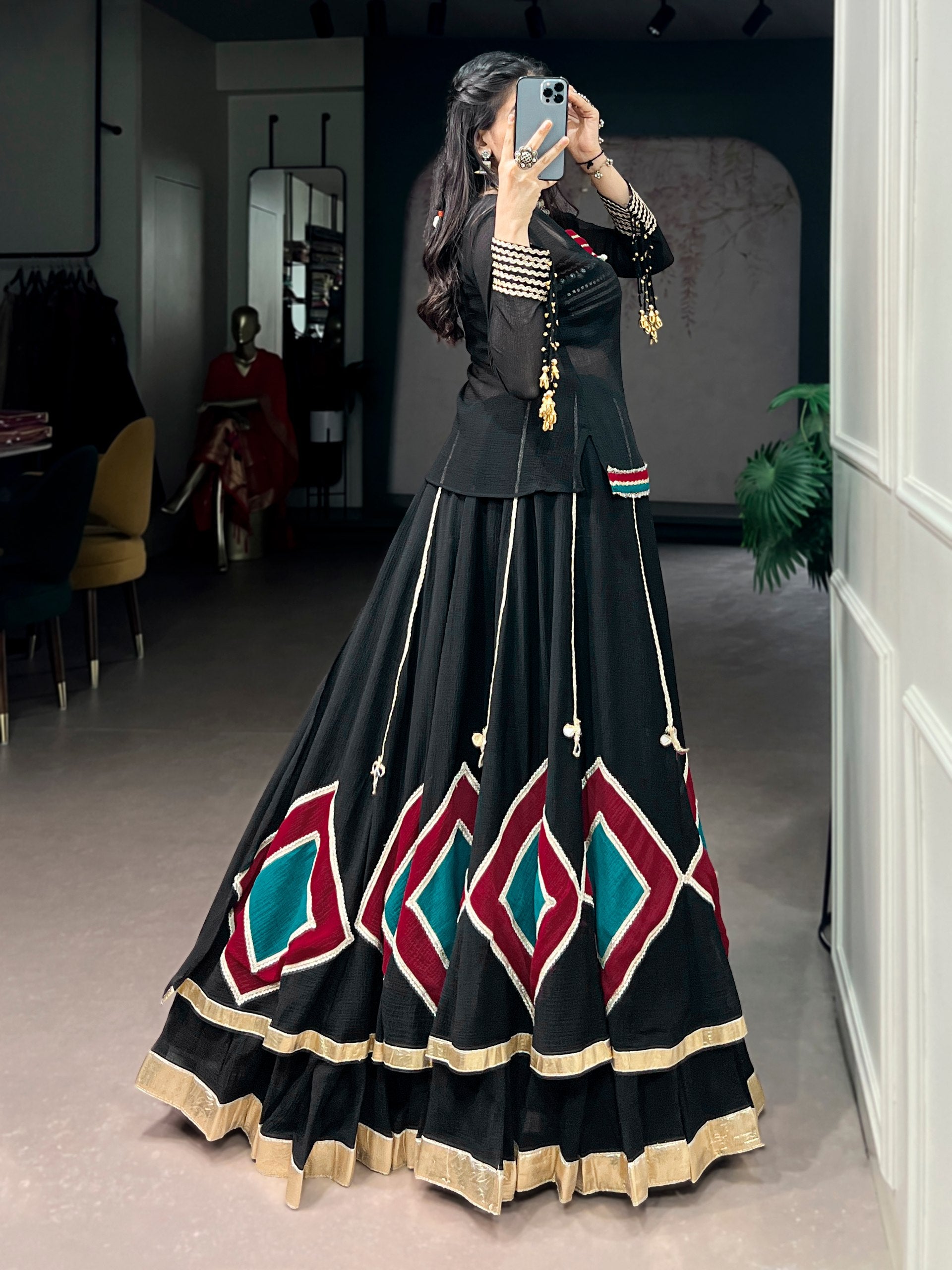 Womenline Black Color Pure Marbel Navratri Lehenga Choli