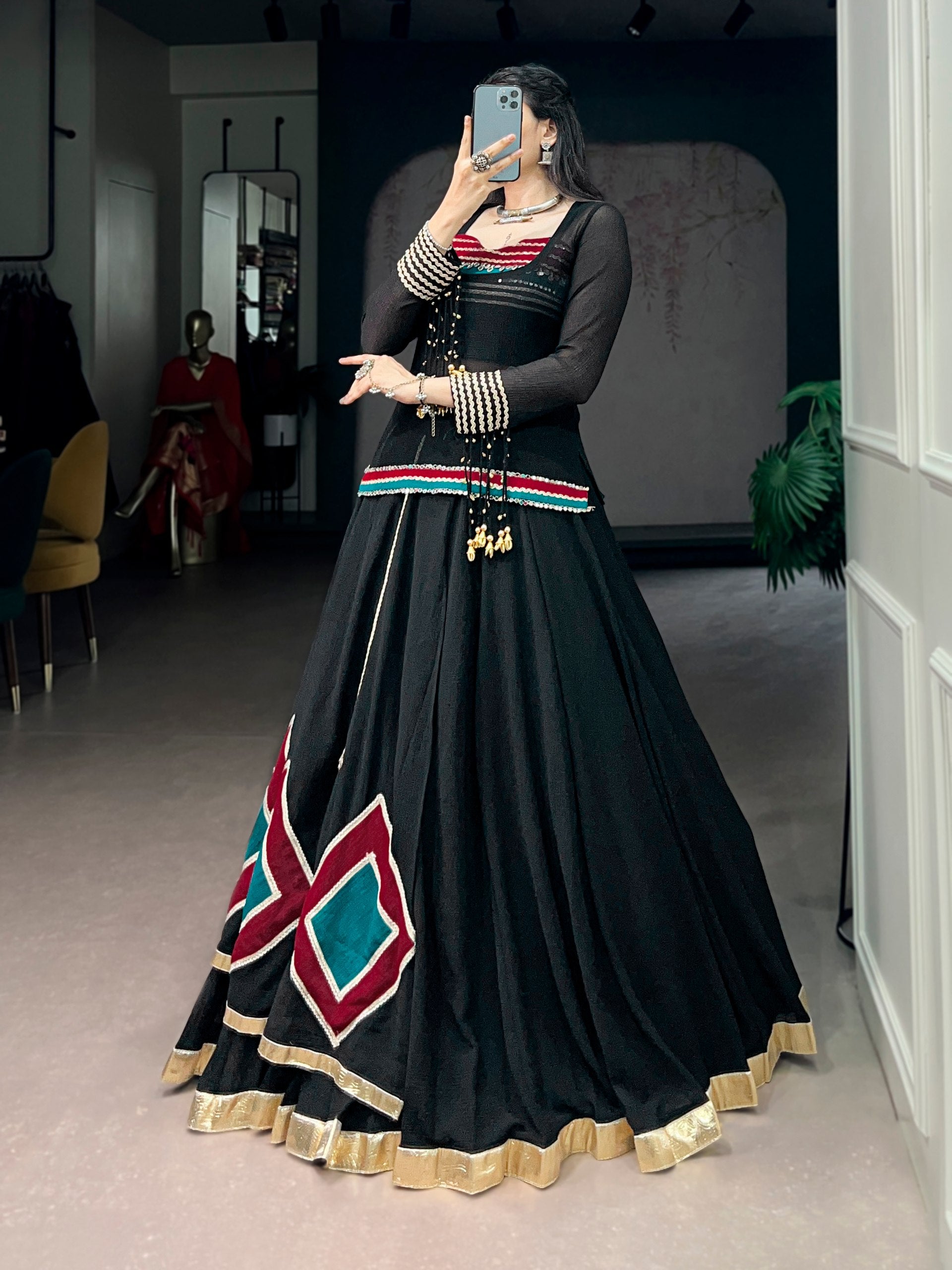 Womenline Black Color Pure Marbel Navratri Lehenga Choli