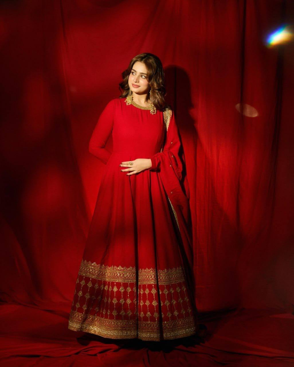 Womenline Red Anarkali Suit Set with Heavy Embroidered Border & Dupatta
