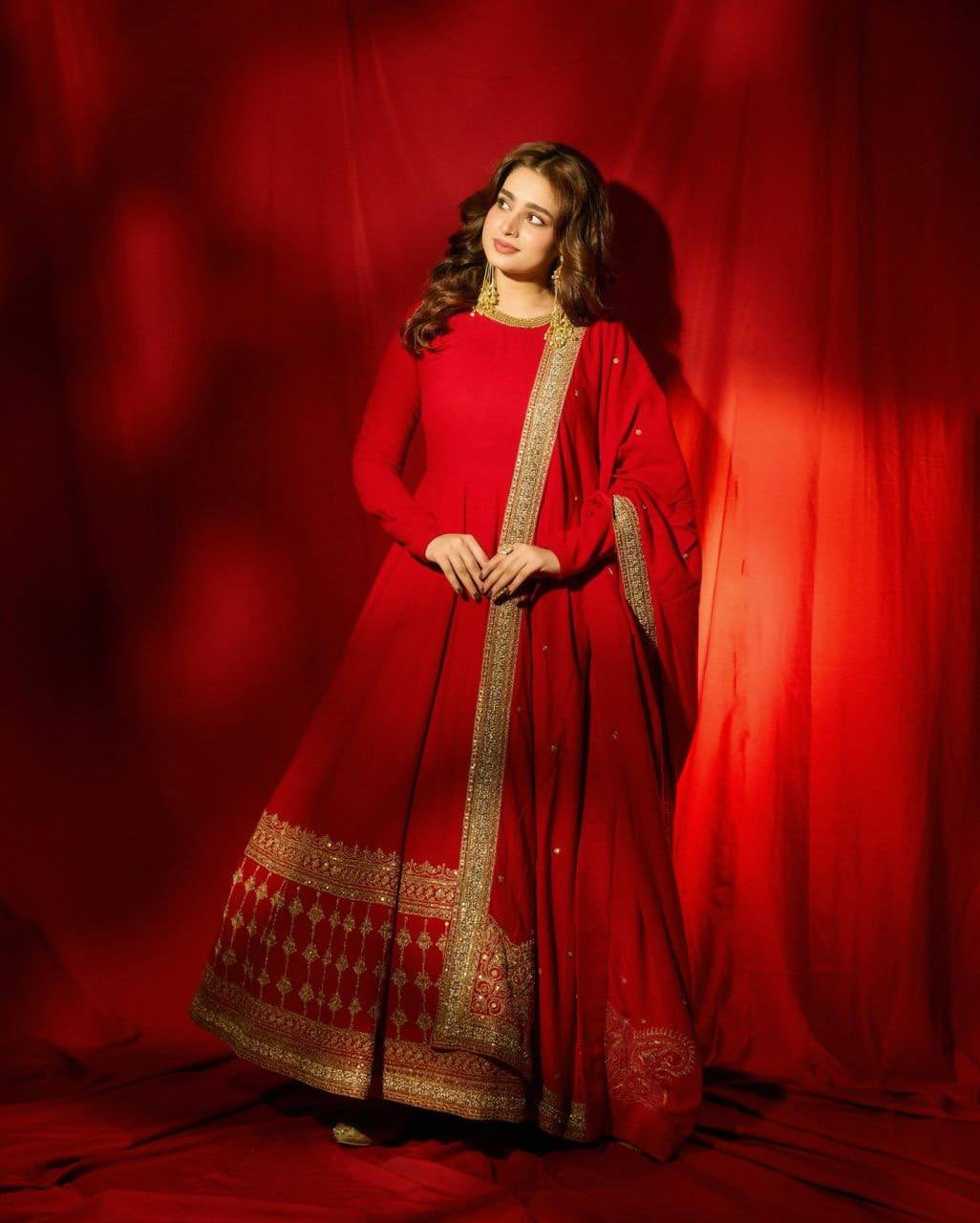Womenline Red Anarkali Suit Set with Heavy Embroidered Border & Dupatta