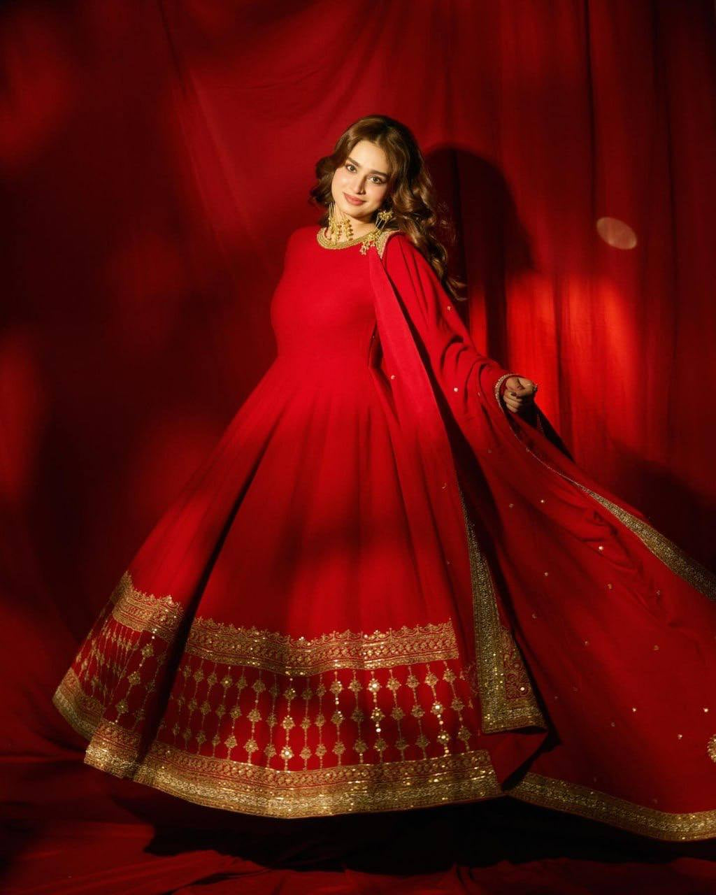 Womenline Red Anarkali Suit Set with Heavy Embroidered Border & Dupatta