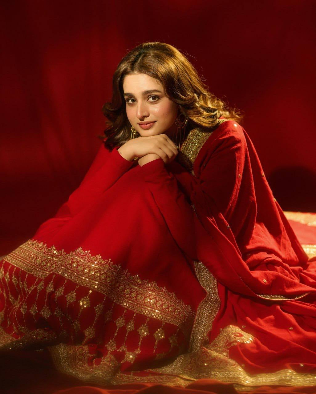 Womenline Red Anarkali Suit Set with Heavy Embroidered Border & Dupatta
