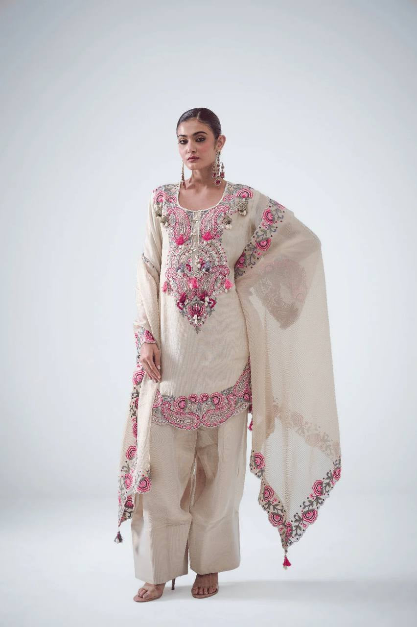 Womenline Ivory Blossom Luxe Pakistani Suit Set with Floral Hand Embroidery