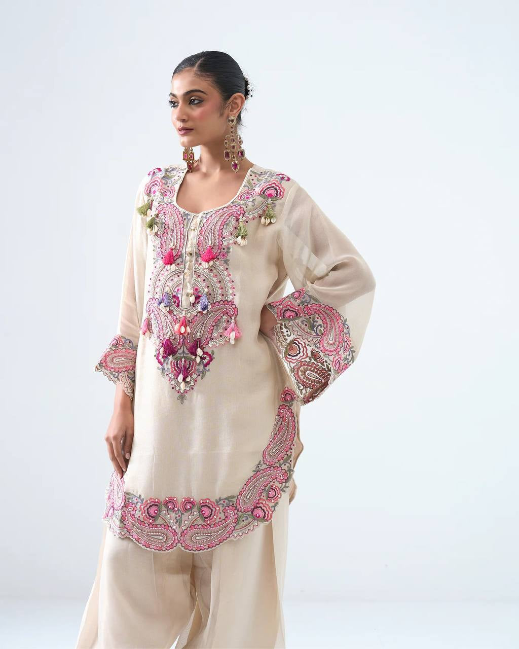 Womenline Ivory Blossom Luxe Pakistani Suit Set with Floral Hand Embroidery