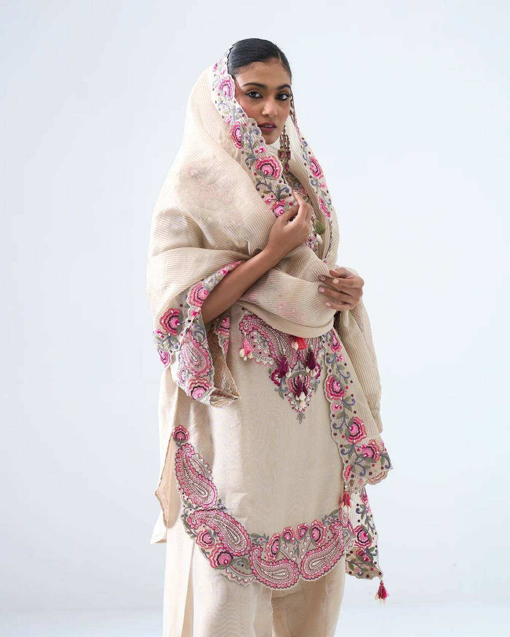 Womenline Ivory Blossom Luxe Pakistani Suit Set with Floral Hand Embroidery
