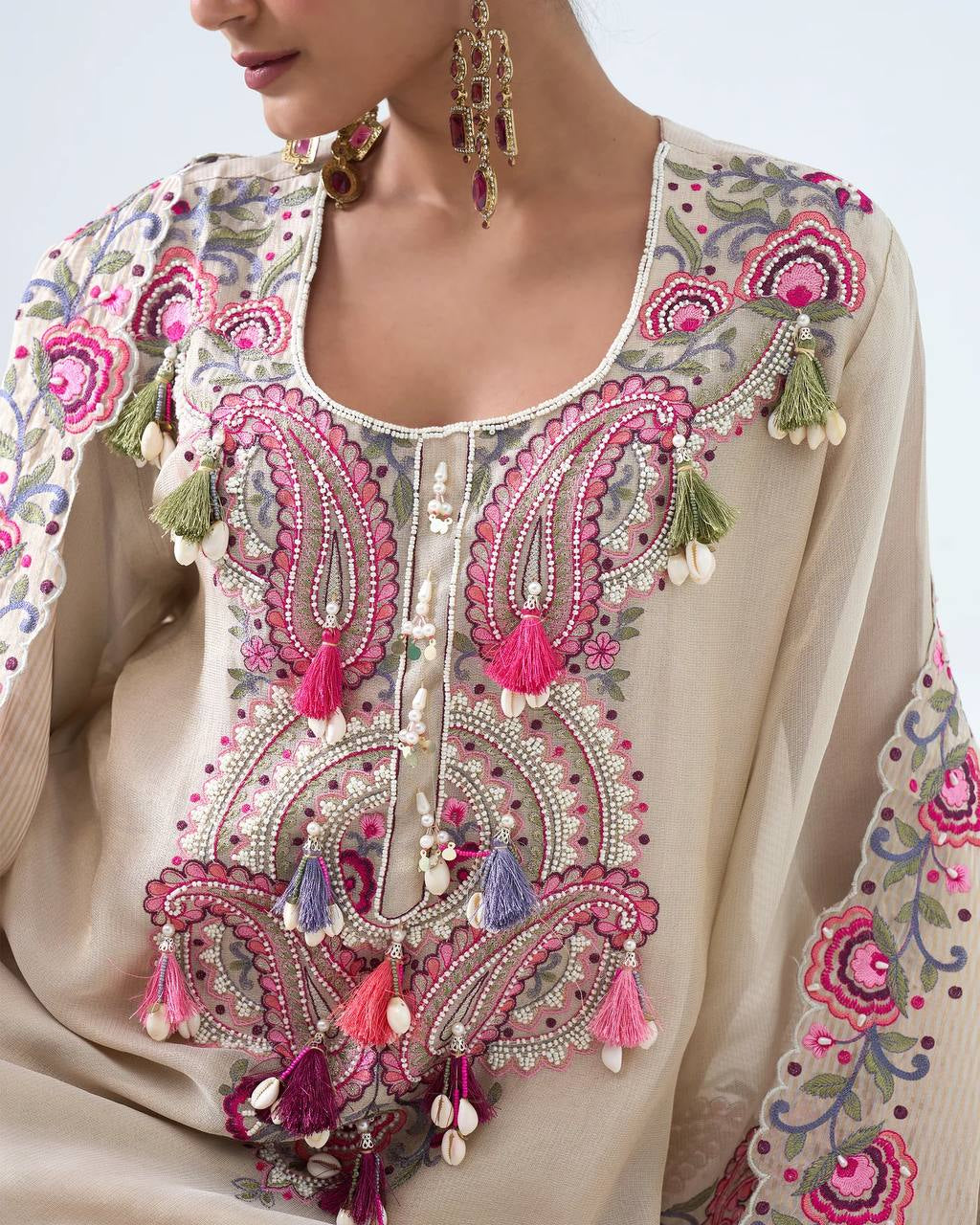 Womenline Ivory Blossom Luxe Pakistani Suit Set with Floral Hand Embroidery