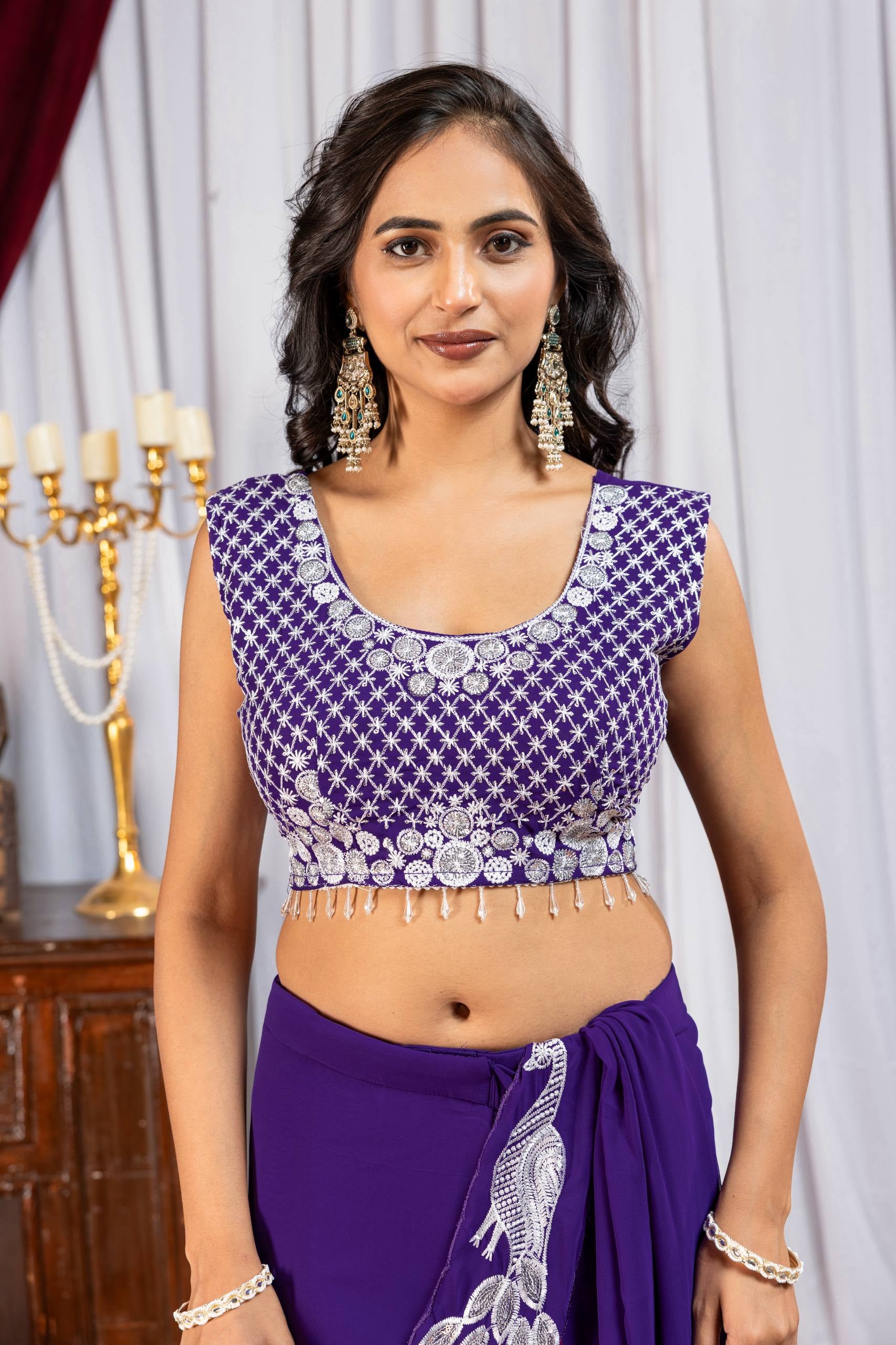 Womenline Royal Purple Pre-Draped Saree with Silver Leaf Embroidery Panel