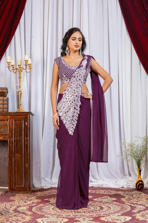 Womenline Wine Purple Pre-Draped Saree with Statement Silver Embroidered Panel