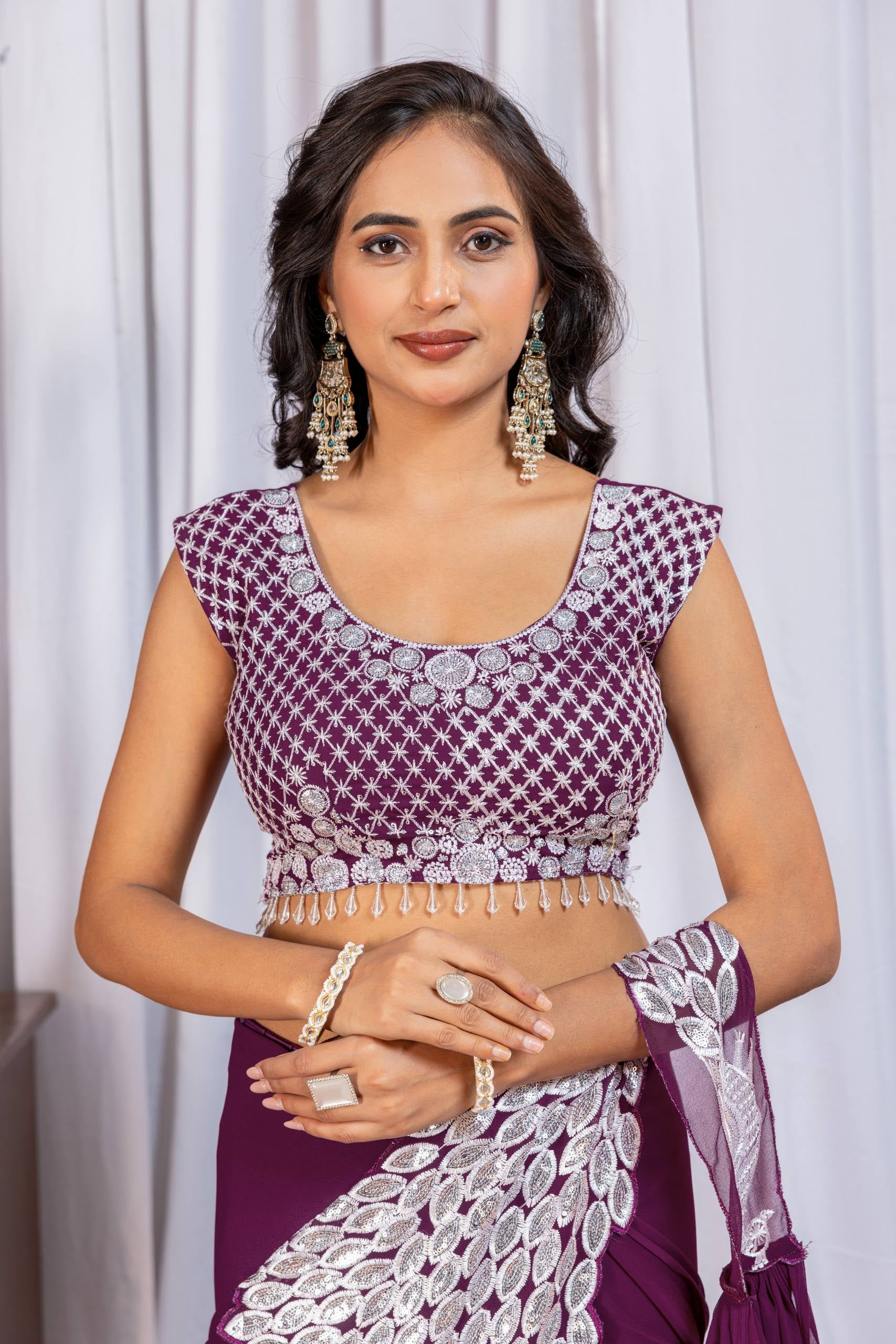Womenline Wine Purple Pre-Draped Saree with Statement Silver Embroidered Panel