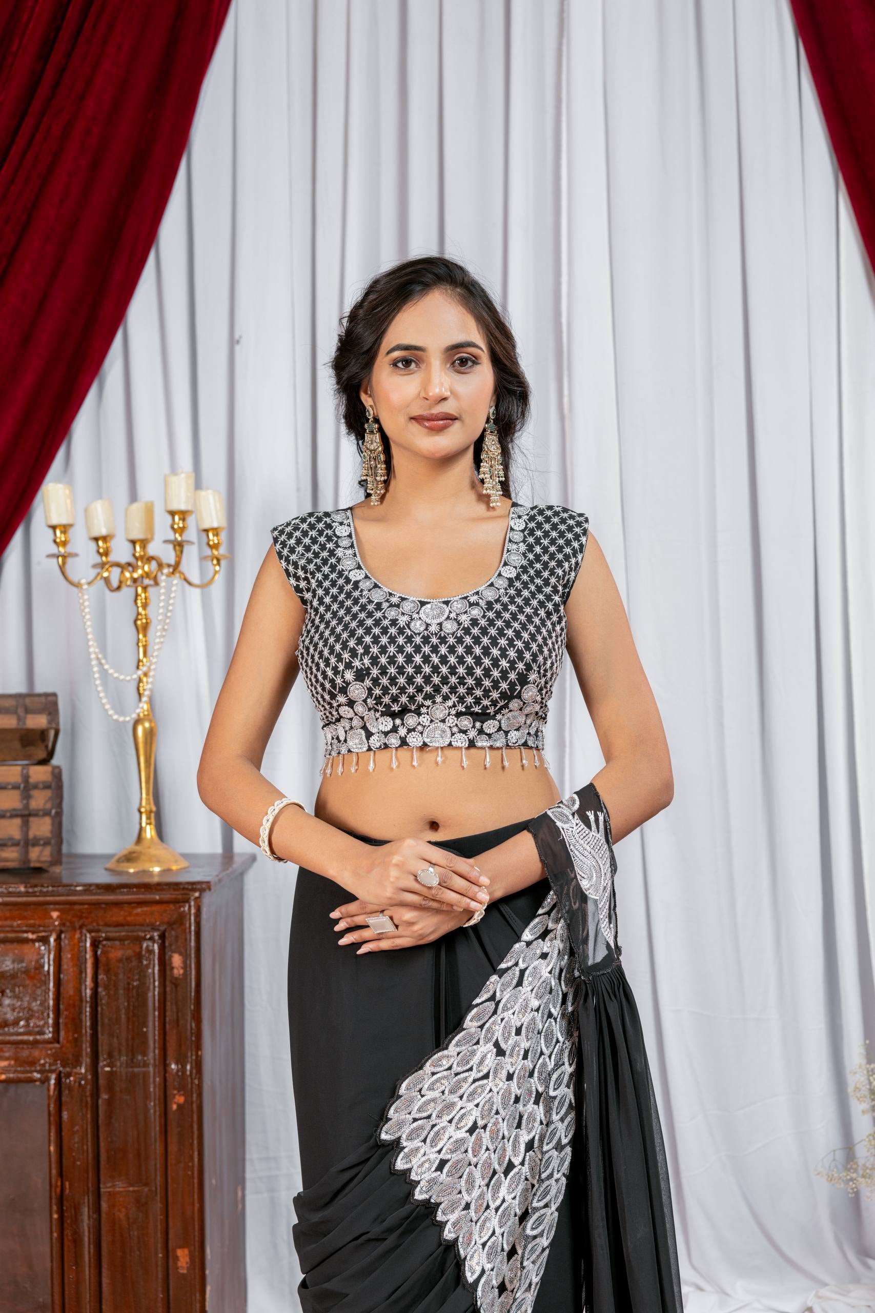 Womenline Classic Black Pre-Draped Saree with Silver Leaf Embroidery Panel