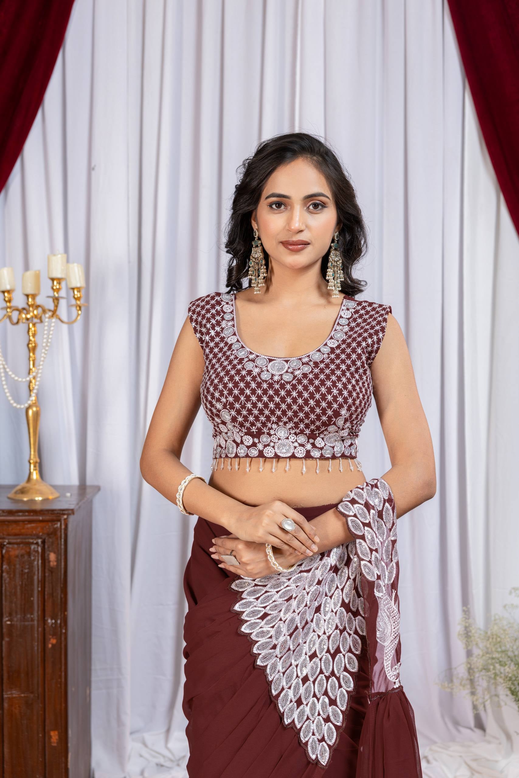 Womneline Wine Brown Pre-Draped Saree with Heavy Silver Leaf Embroidery Panel