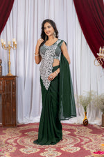 Womenline Forest Green Pre-Draped Saree with Statement Silver Embroidered Panel