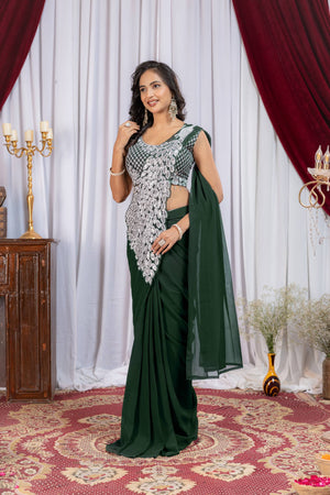 Womenline Forest Green Pre-Draped Saree with Statement Silver Embroidered Panel