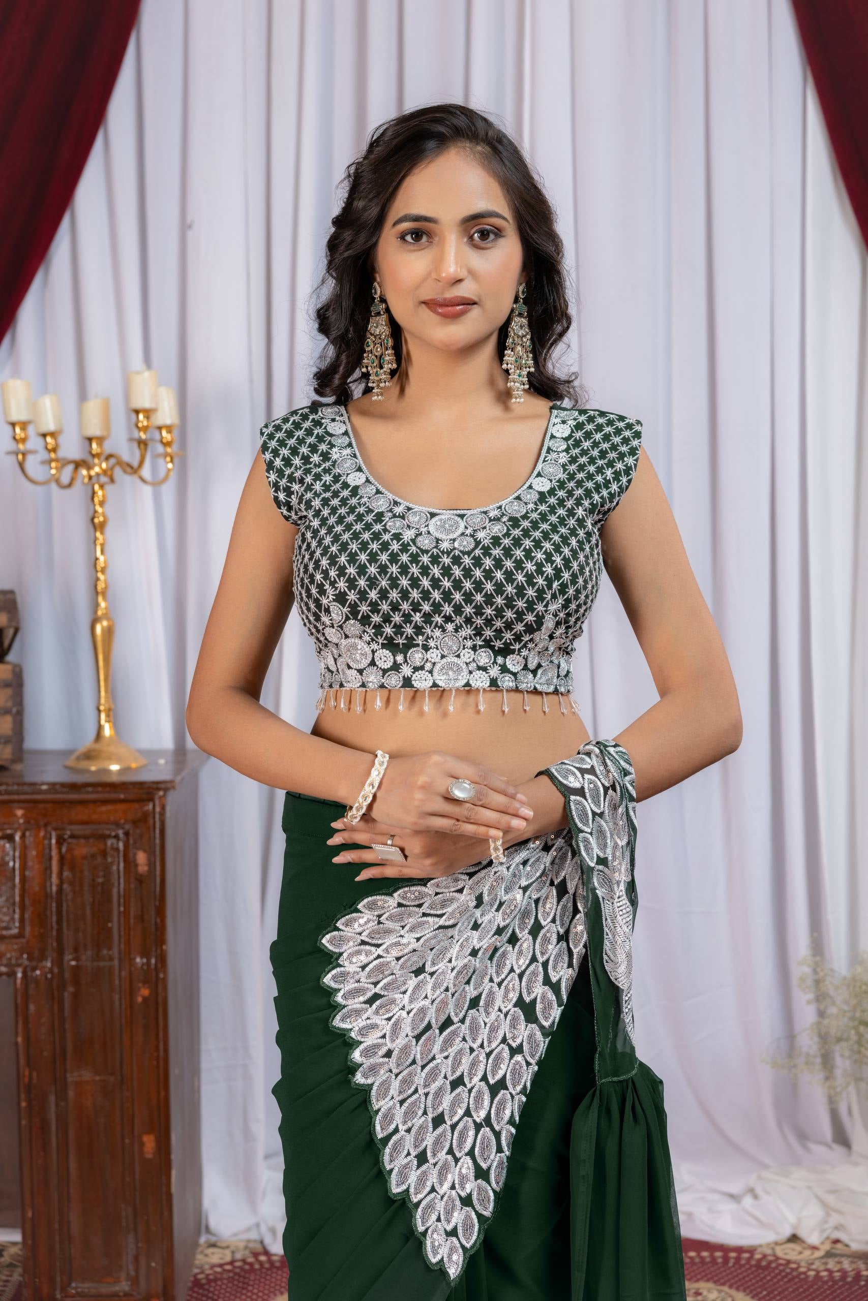 Womenline Forest Green Pre-Draped Saree with Statement Silver Embroidered Panel
