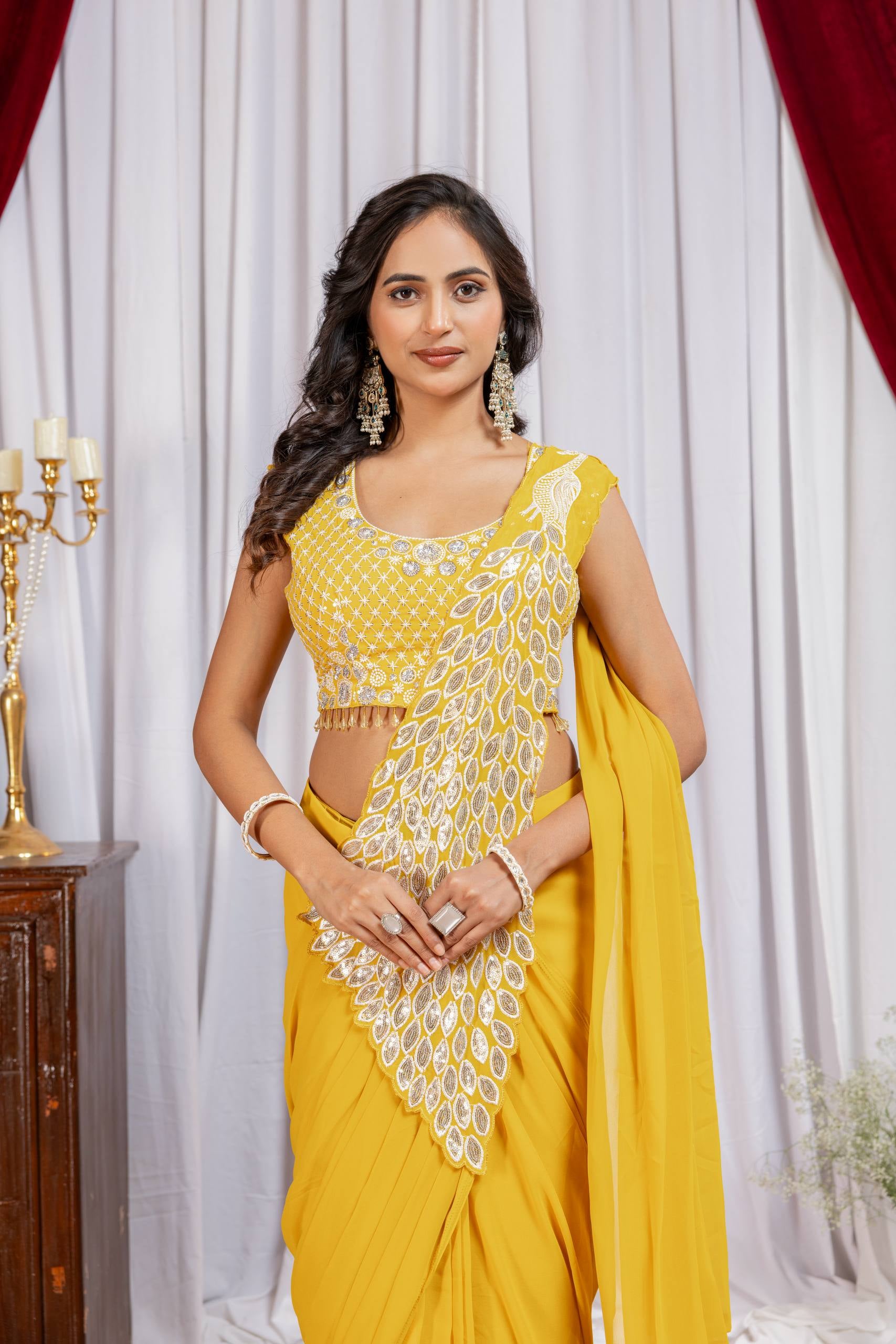 Womenline Sunshine Yellow Pre-Draped Saree with Statement Silver Embroidered Panel