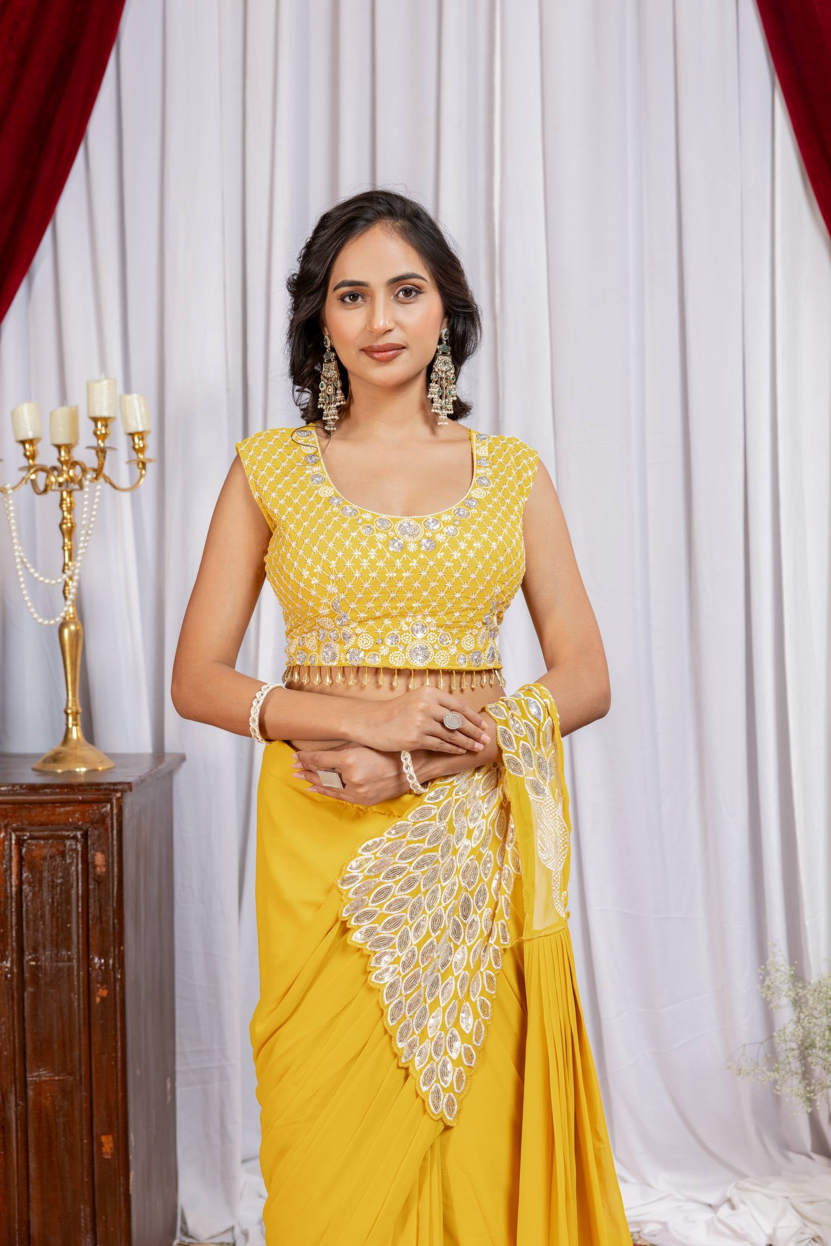 Womenline Sunshine Yellow Pre-Draped Saree with Statement Silver Embroidered Panel
