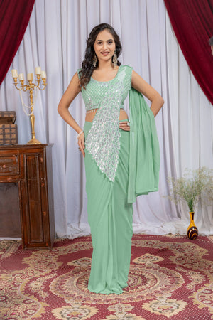 Wmenline Mint Green Pre-Draped Saree with Statement Silver Embroidered Panel