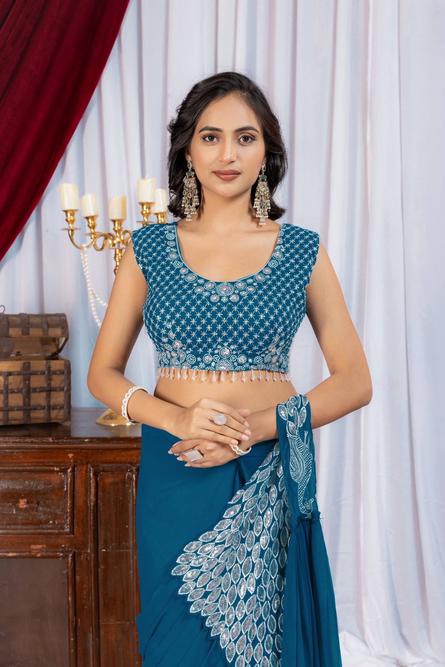 Womenline Teal Blue Pre-Draped Saree with Statement Silver Embroidered Panel