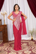 Womenline Raspberry Red Pre-Draped Saree with Statement Silver Embroidered Panel