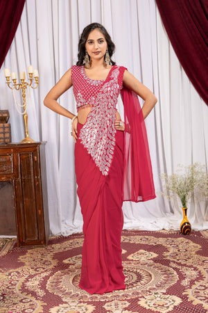 Womenline Raspberry Red Pre-Draped Saree with Statement Silver Embroidered Panel