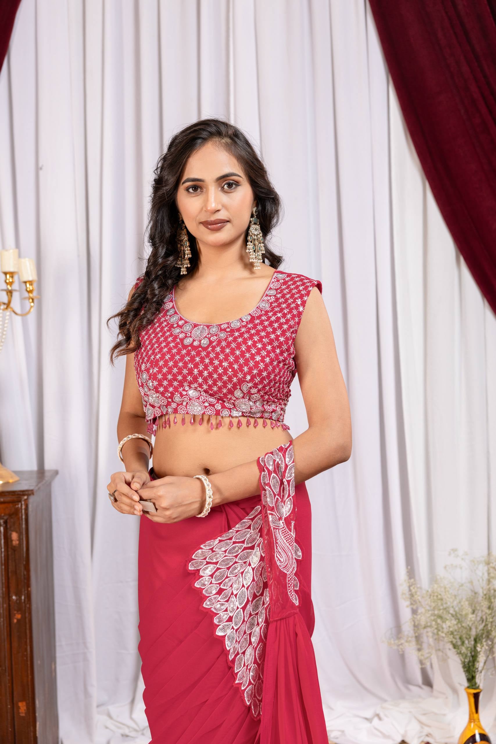 Womenline Raspberry Red Pre-Draped Saree with Statement Silver Embroidered Panel