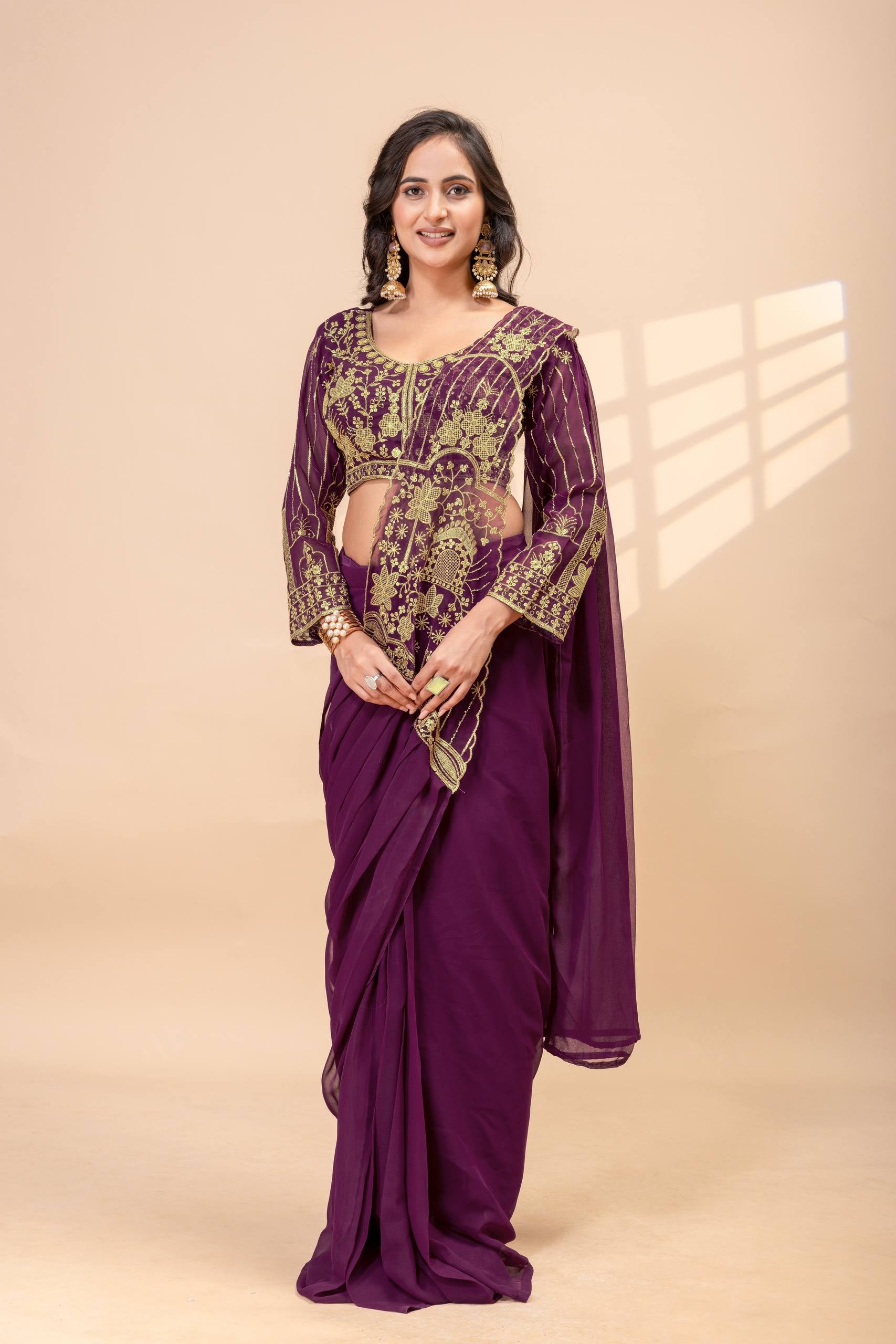 Womenline Royal Plum Pre-Draped Saree Set with Antique Gold Embroidered Blouse