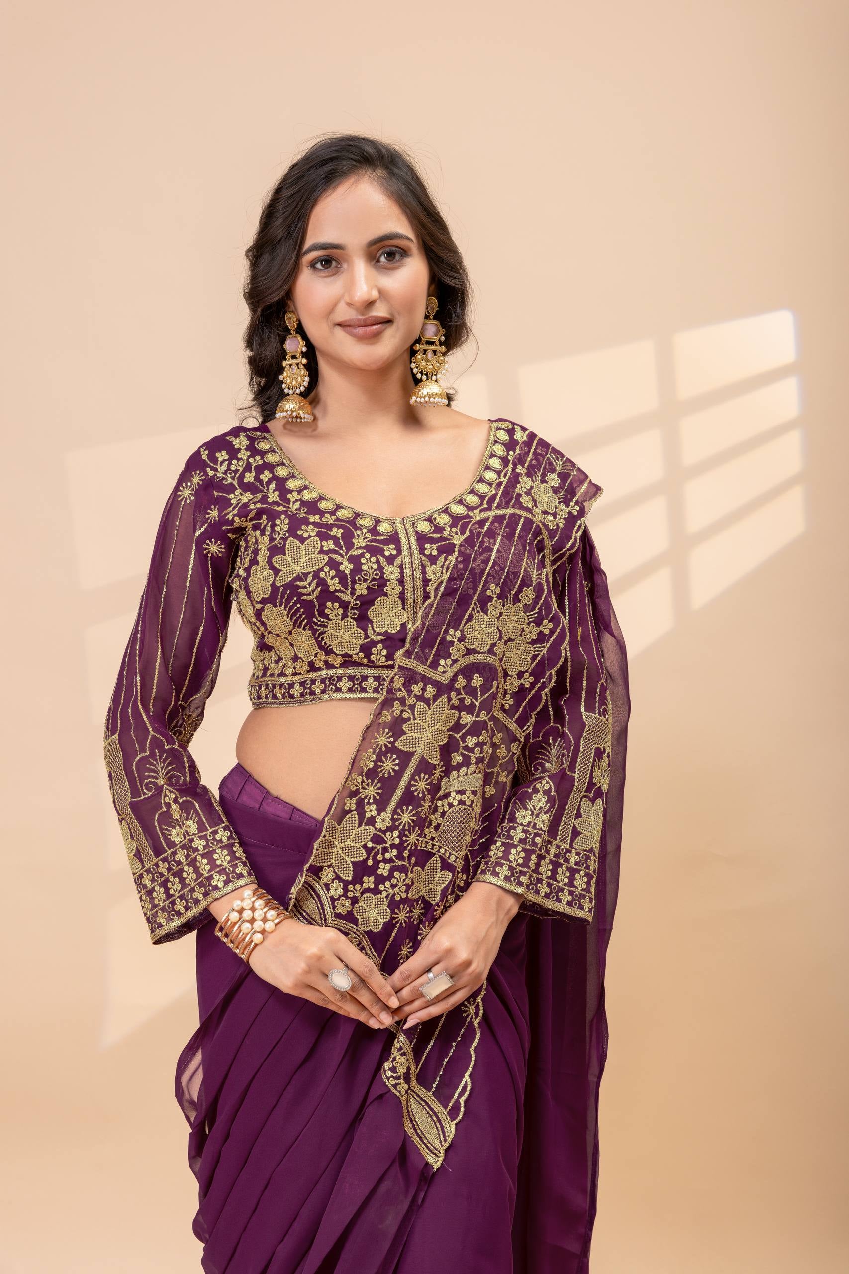 Womenline Royal Plum Pre-Draped Saree Set with Antique Gold Embroidered Blouse