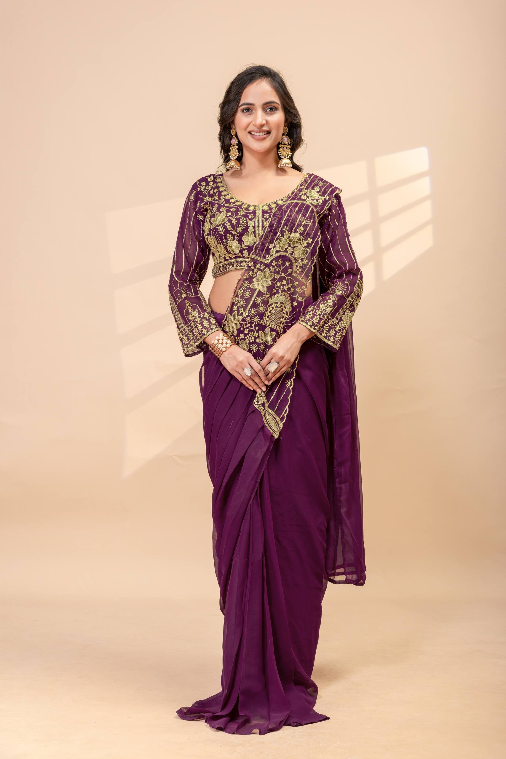 Womenline Royal Plum Pre-Draped Saree Set with Antique Gold Embroidered Blouse