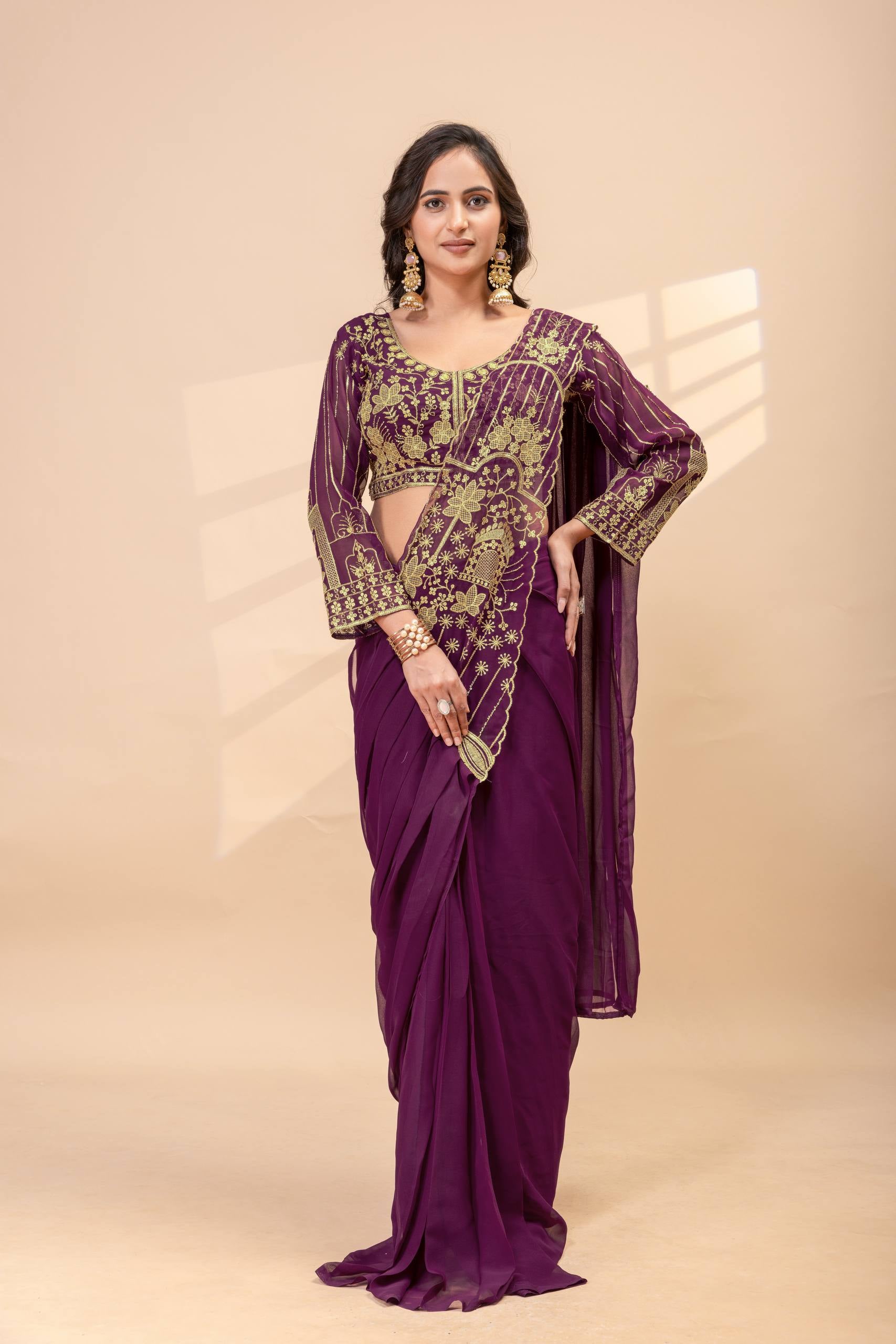 Womenline Royal Plum Pre-Draped Saree Set with Antique Gold Embroidered Blouse
