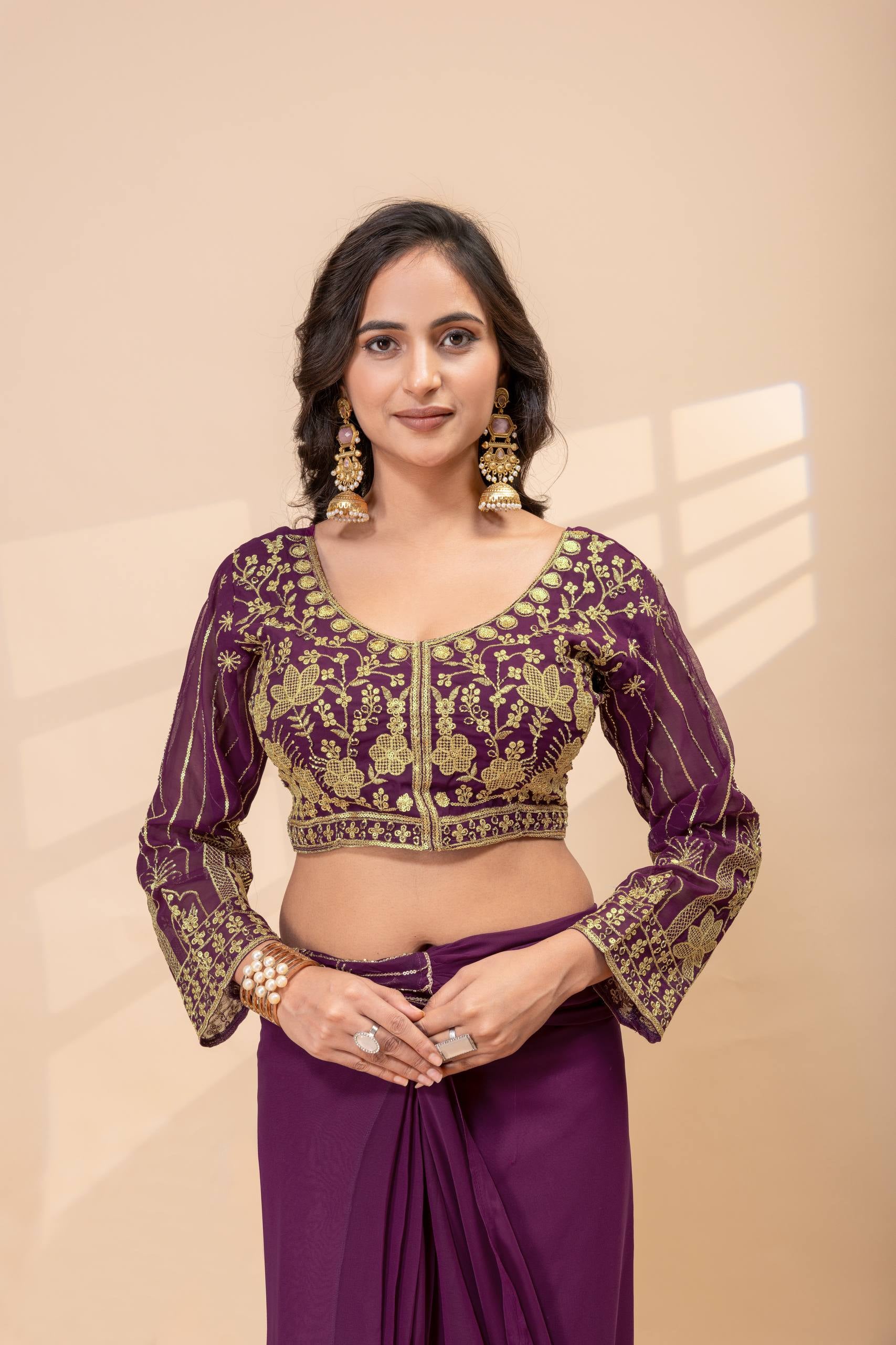 Womenline Royal Plum Pre-Draped Saree Set with Antique Gold Embroidered Blouse