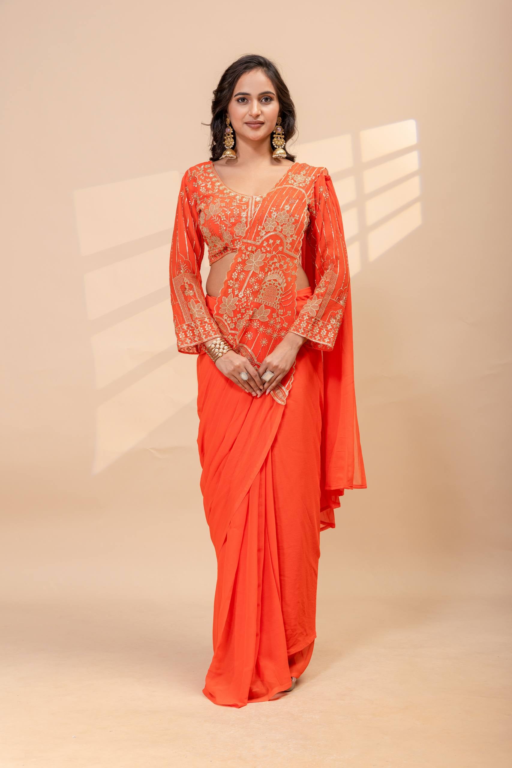 Womenline Sunset Orange Pre-Draped Saree Set with Intricate Gold Embroidered Blouse