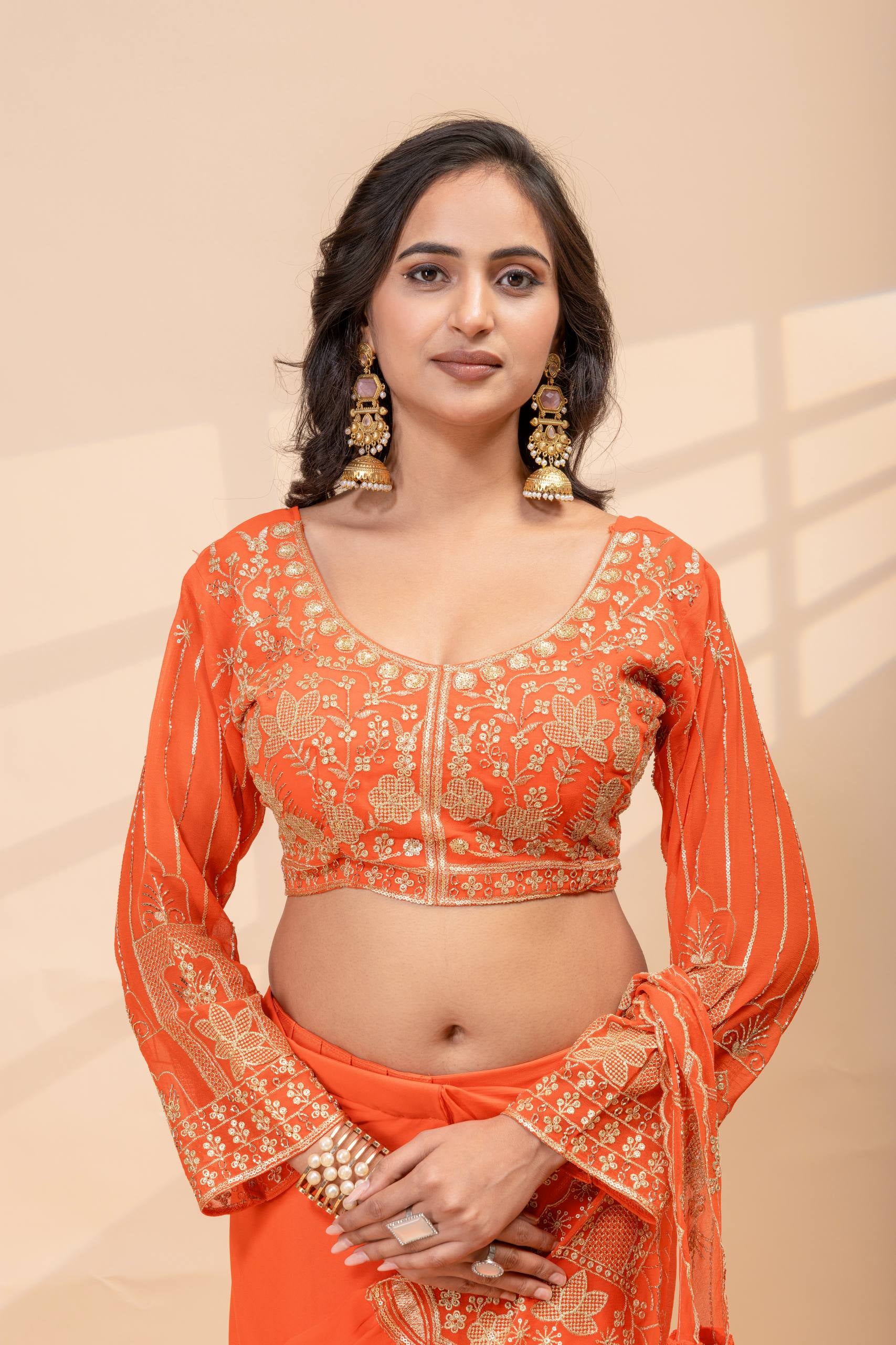 Womenline Sunset Orange Pre-Draped Saree Set with Intricate Gold Embroidered Blouse