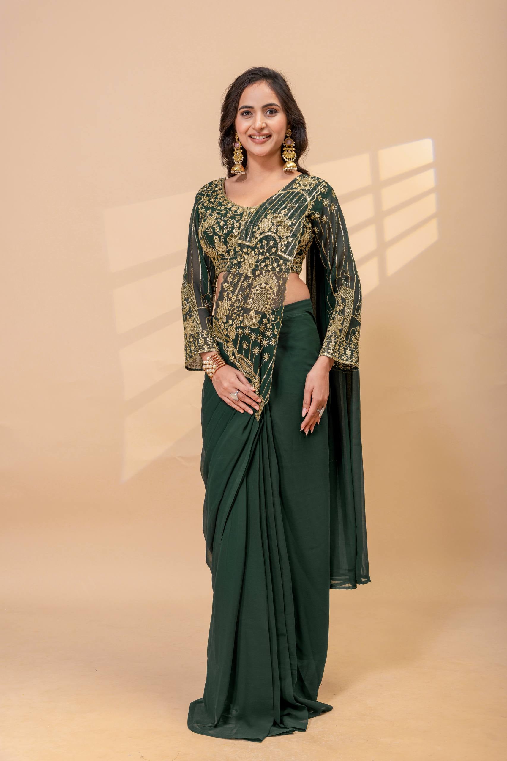 Womenline Emerald Green Pre-Draped Saree Set with Gold Embroidered Blouse