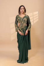 Womenline Emerald Green Pre-Draped Saree Set with Gold Embroidered Blouse