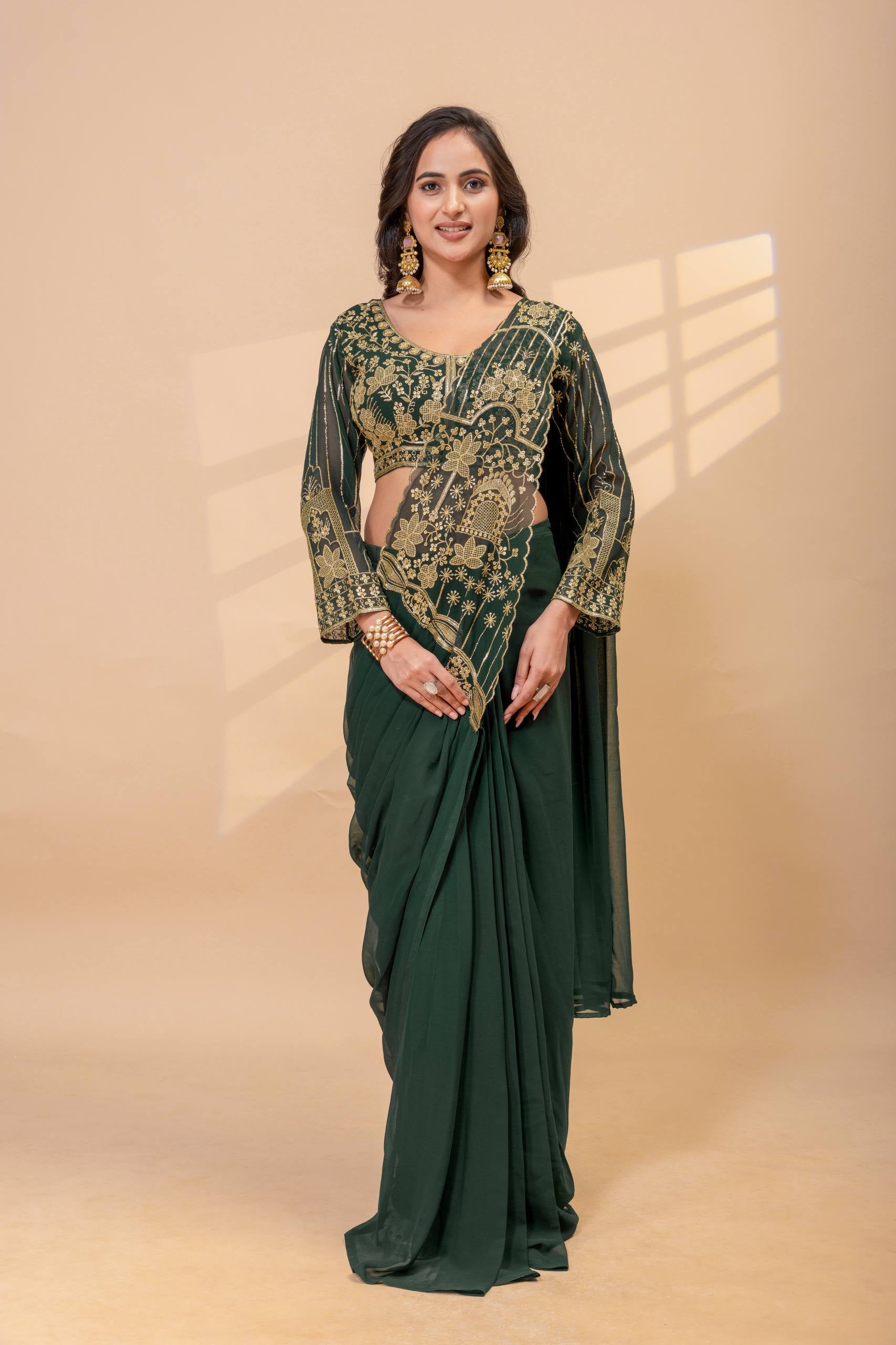 Womenline Emerald Green Pre-Draped Saree Set with Gold Embroidered Blouse
