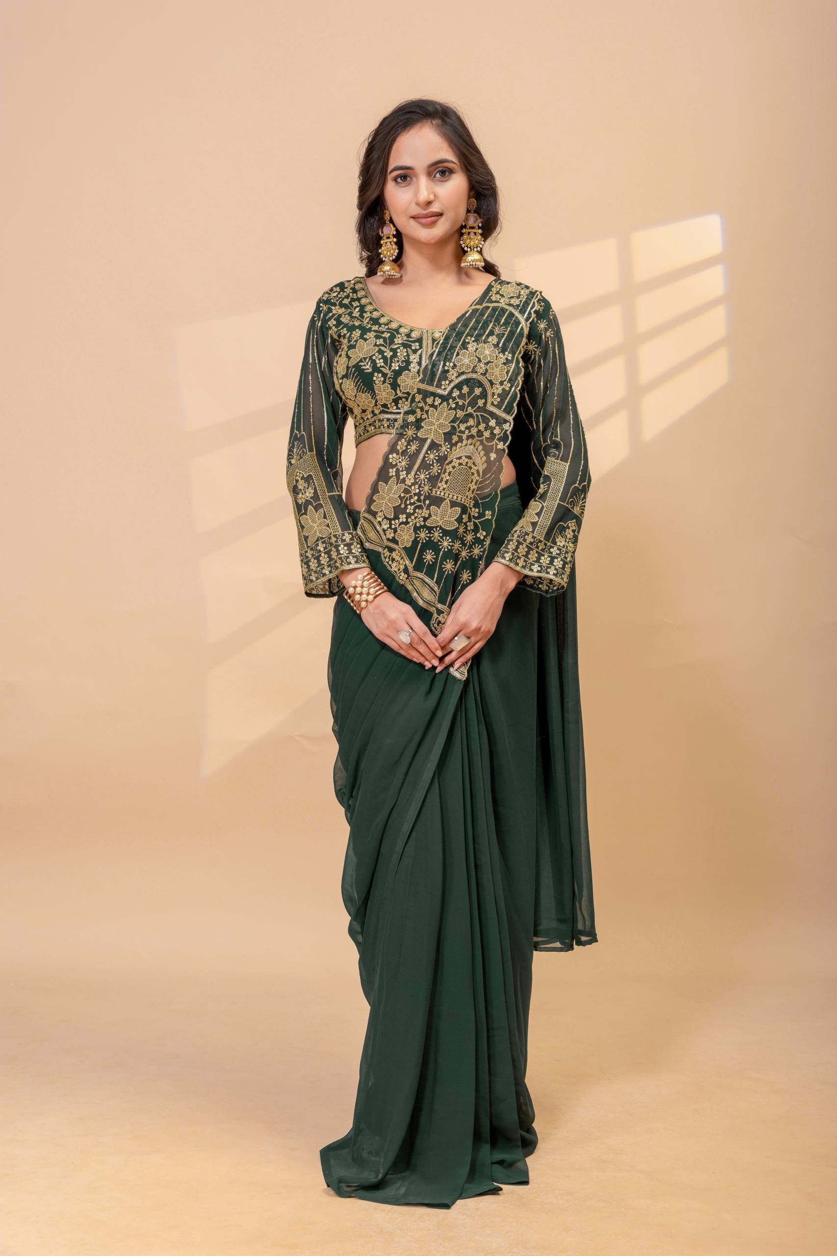 Womenline Emerald Green Pre-Draped Saree Set with Gold Embroidered Blouse