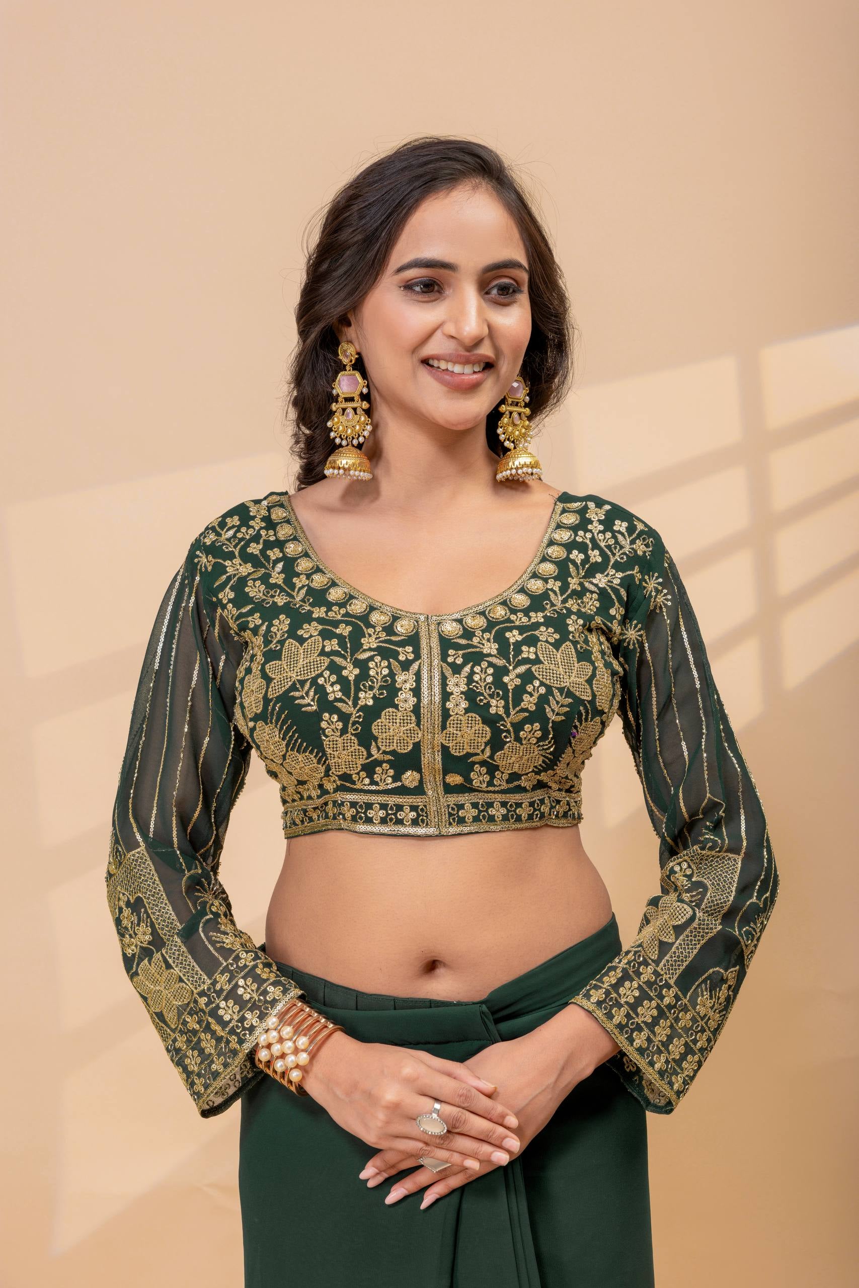 Womenline Emerald Green Pre-Draped Saree Set with Gold Embroidered Blouse