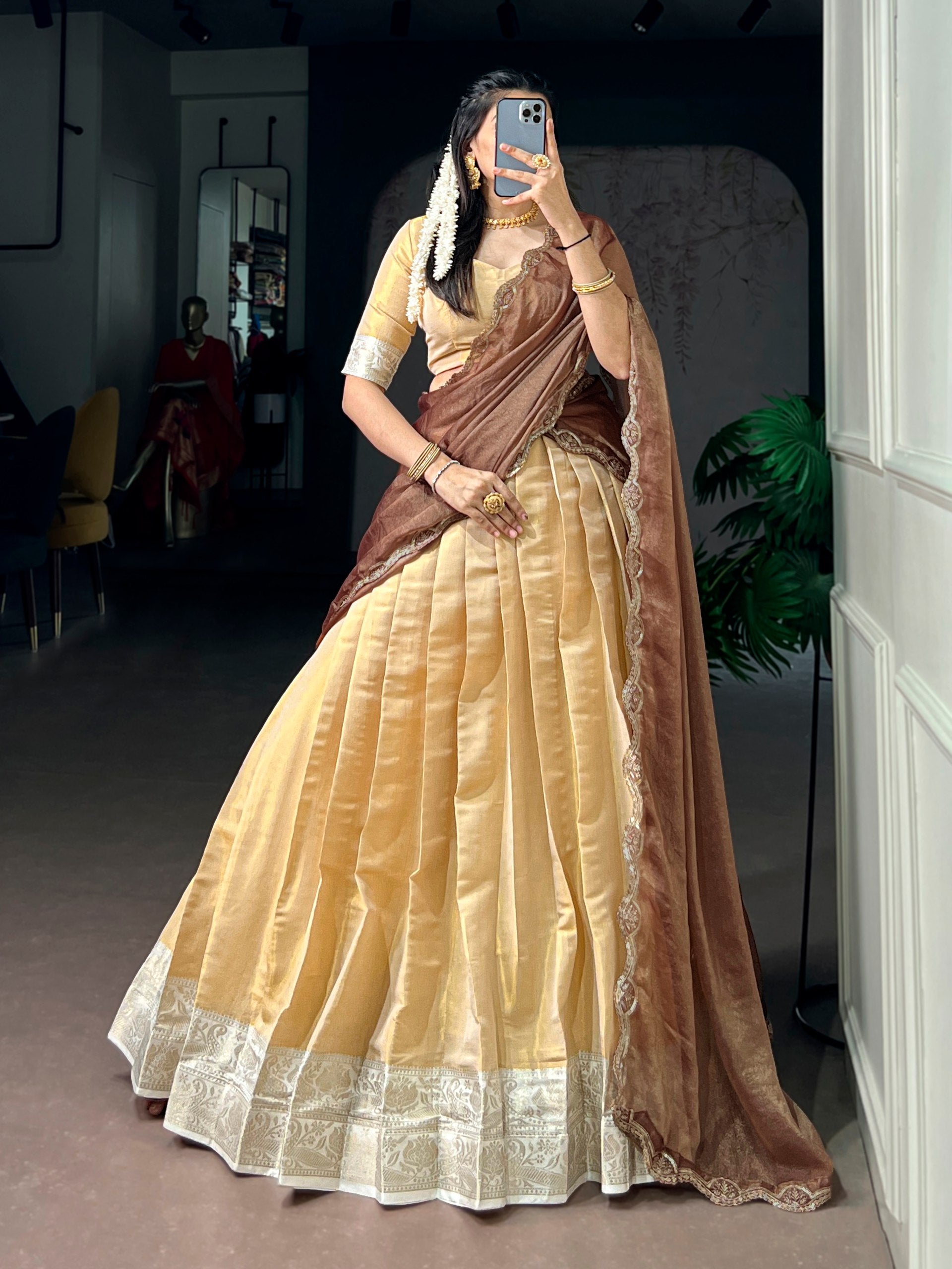 Womenline Champagne Gold Pleated Lehenga with Mocha Scallop Drape