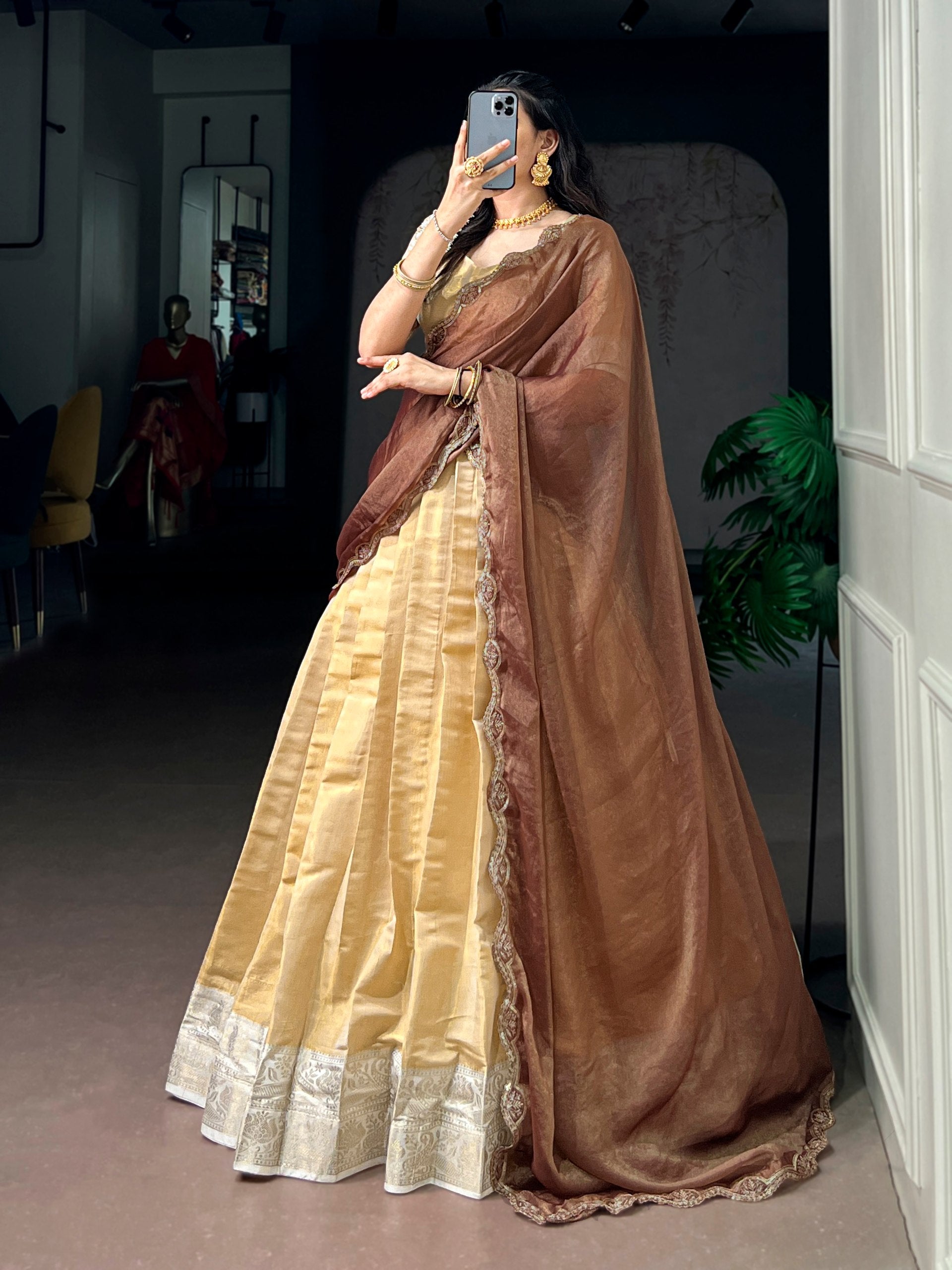 Womenline Champagne Gold Pleated Lehenga with Mocha Scallop Drape