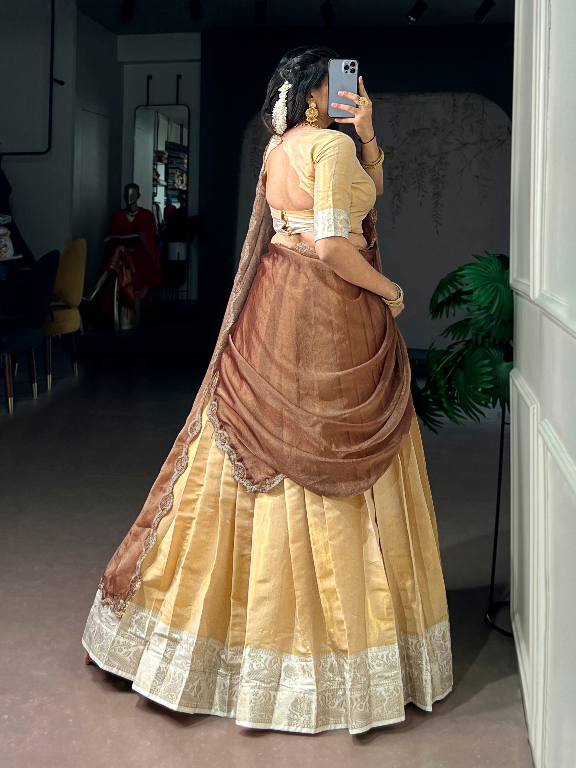 Womenline Champagne Gold Pleated Lehenga with Mocha Scallop Drape