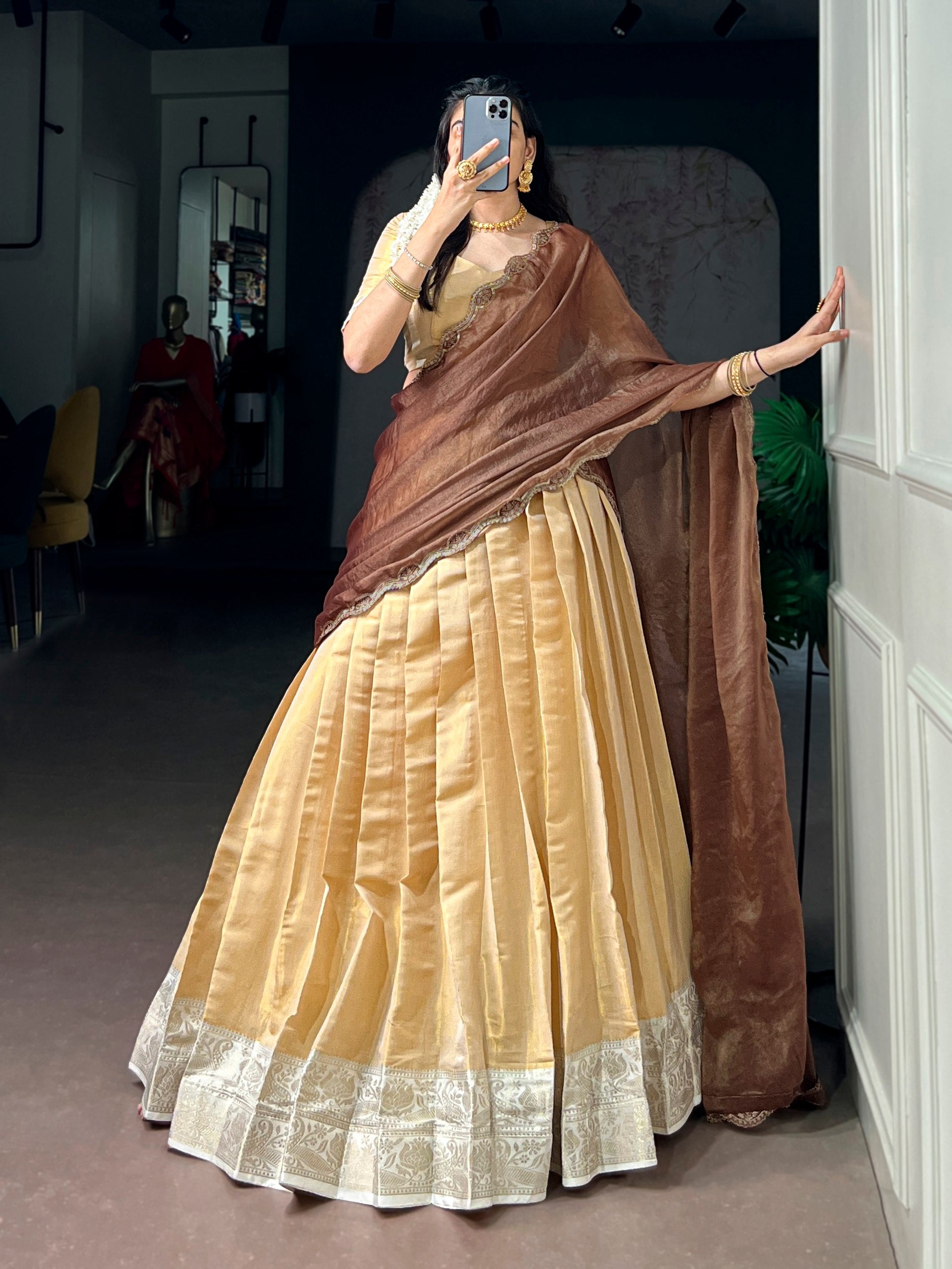 Womenline Champagne Gold Pleated Lehenga with Mocha Scallop Drape