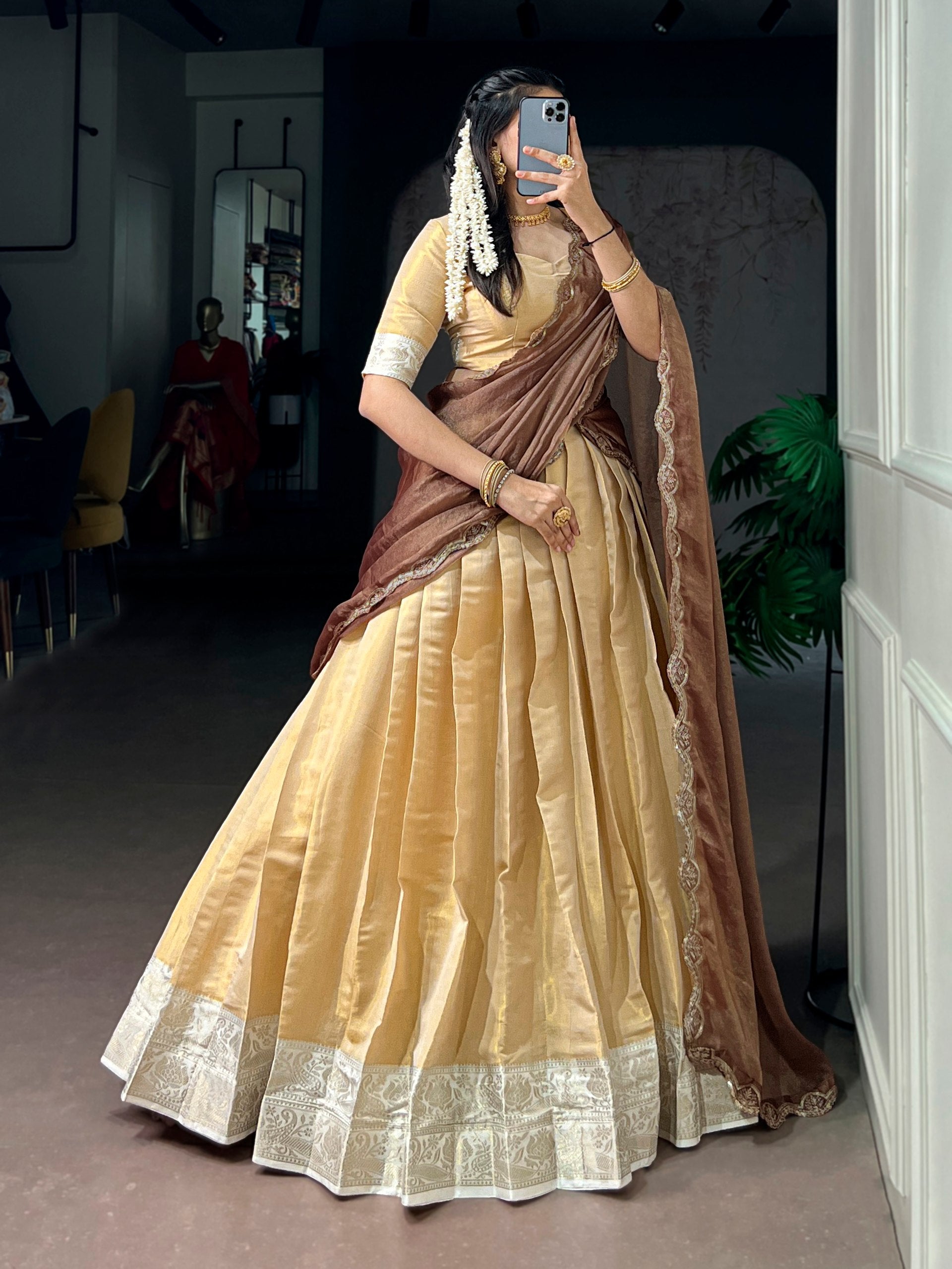 Womenline Champagne Gold Pleated Lehenga with Mocha Scallop Drape
