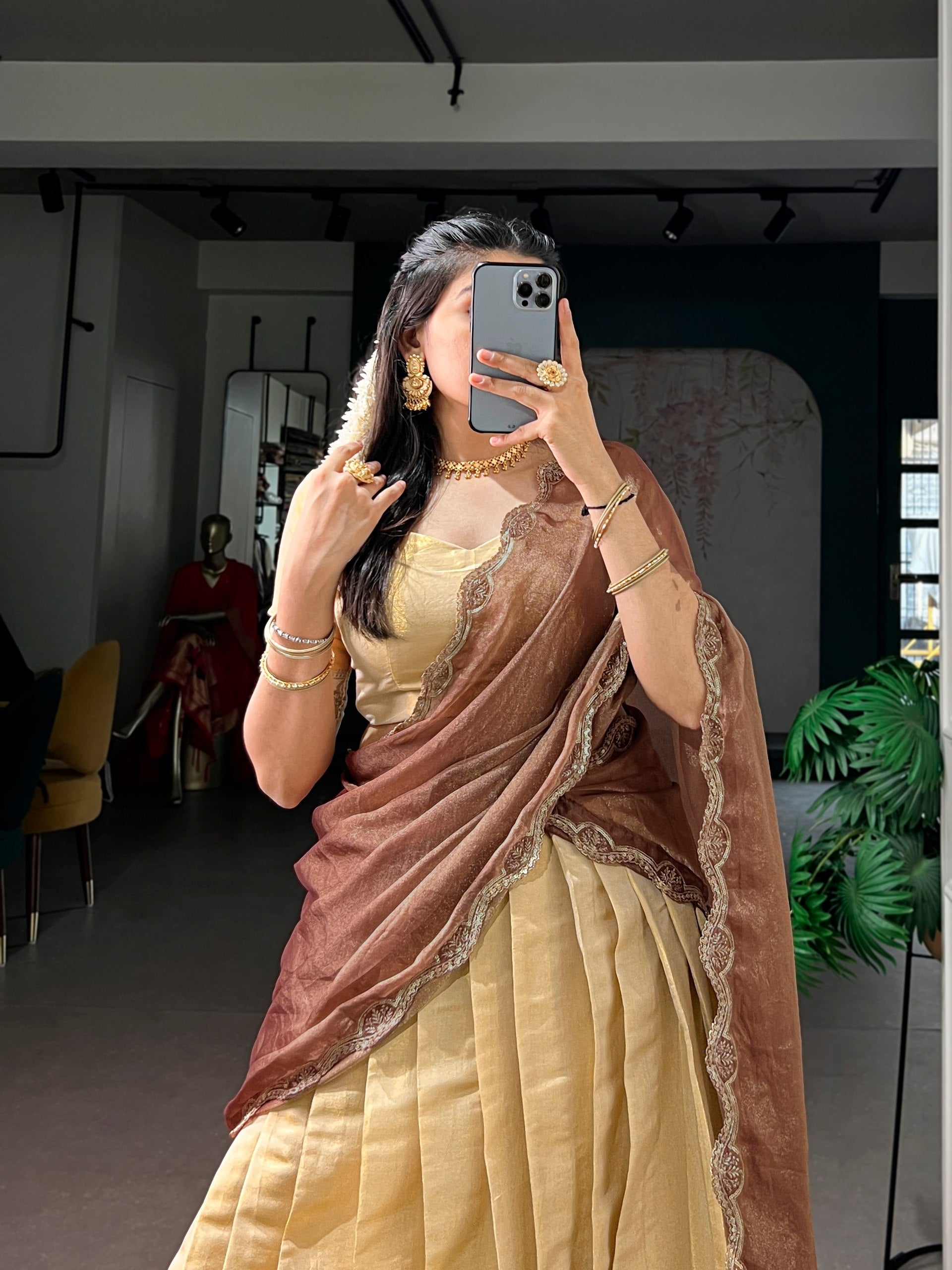 Womenline Champagne Gold Pleated Lehenga with Mocha Scallop Drape