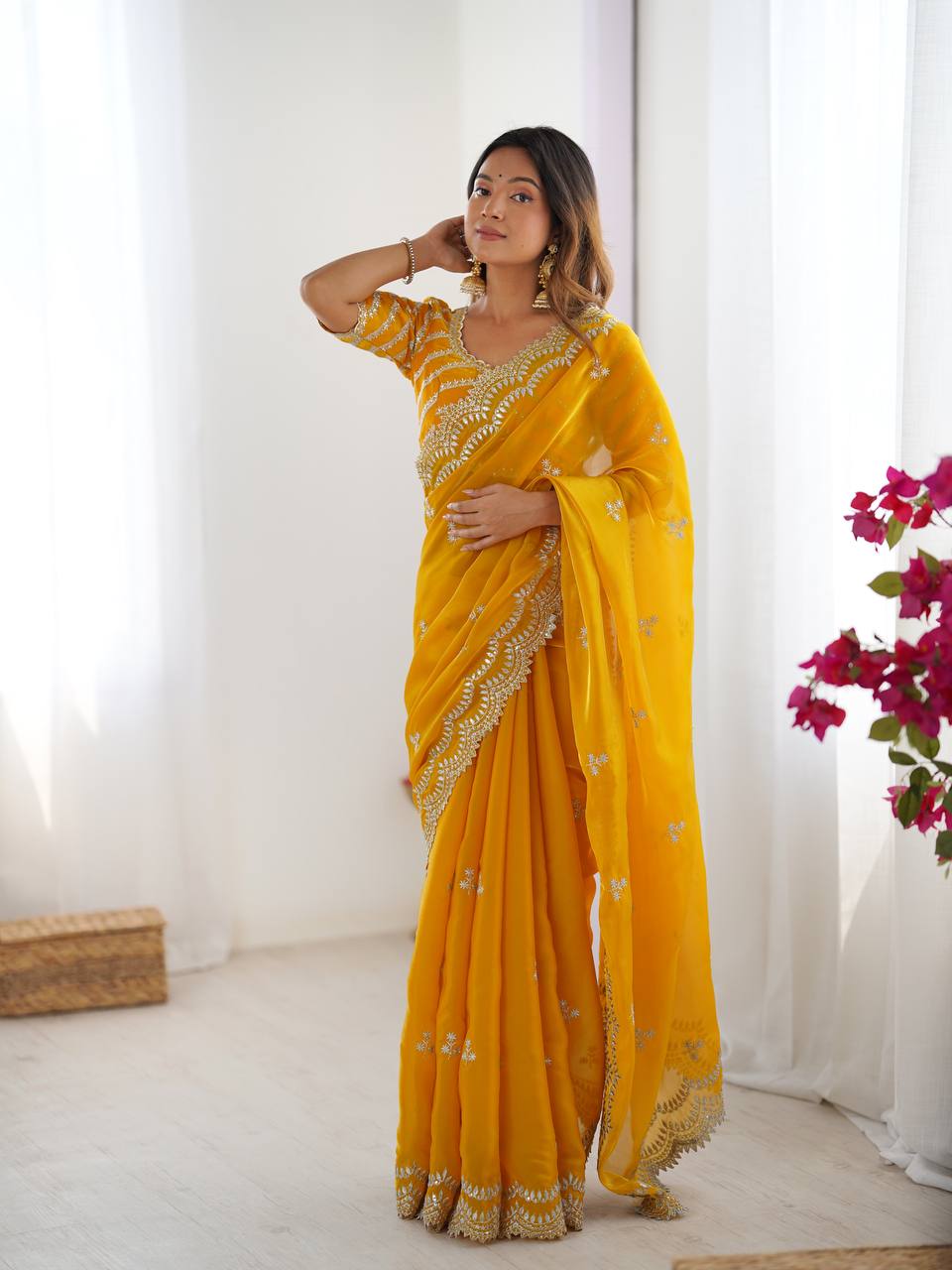 Womenline Yellow Color party Wear Saree