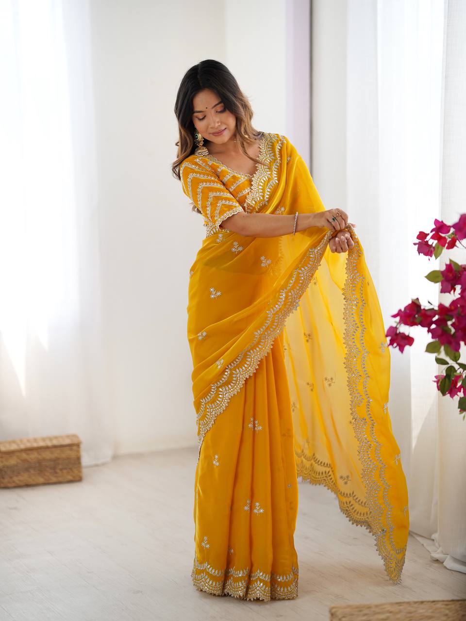 Womenline Yellow Color party Wear Saree