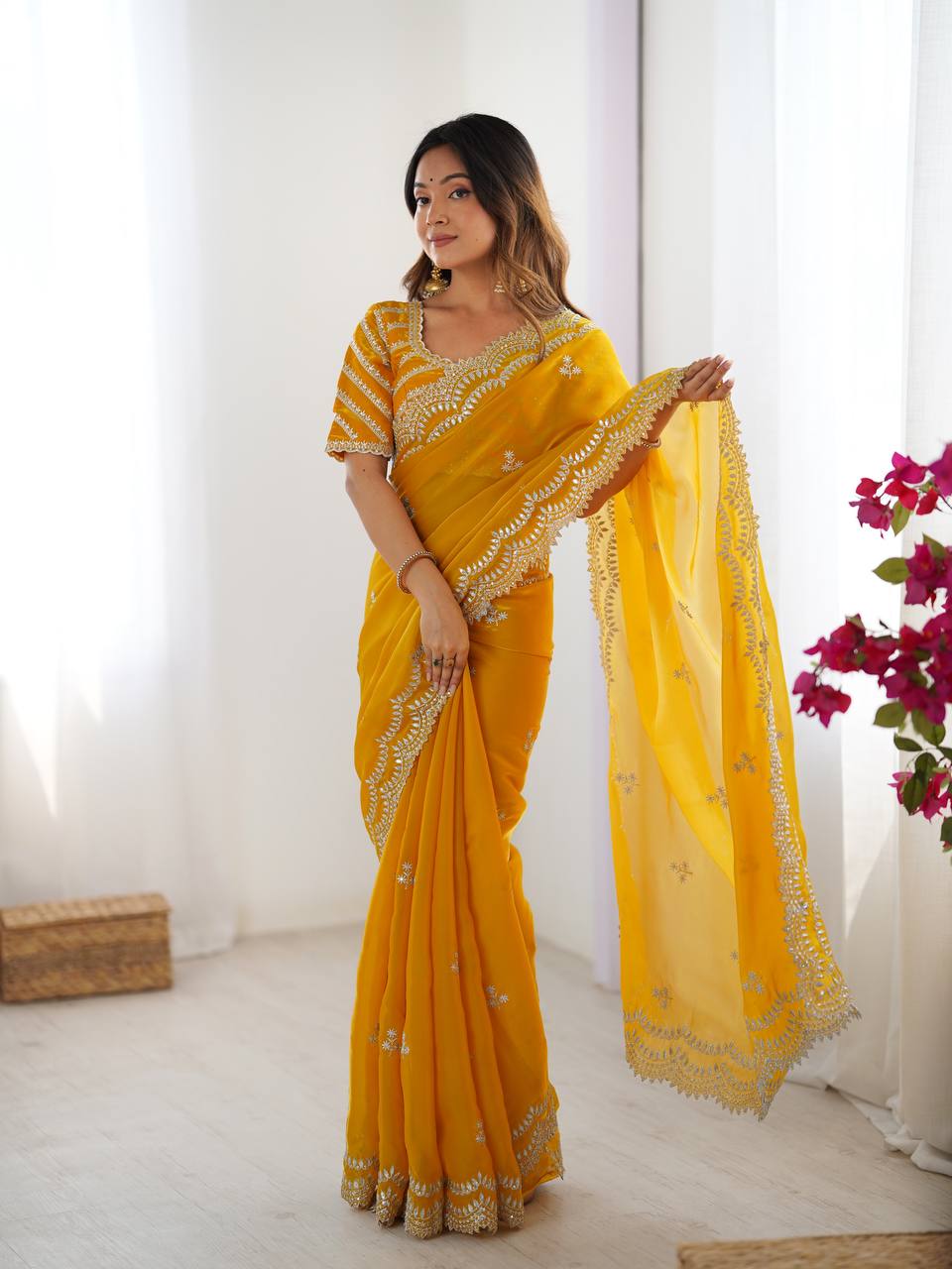 Womenline Yellow Color party Wear Saree